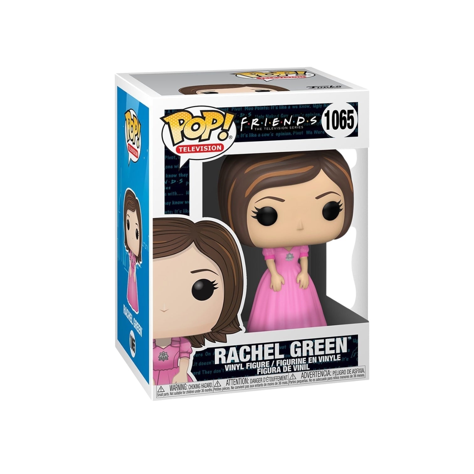 Rachel Green from Friends with bobbed brown hair and a long pink dress.