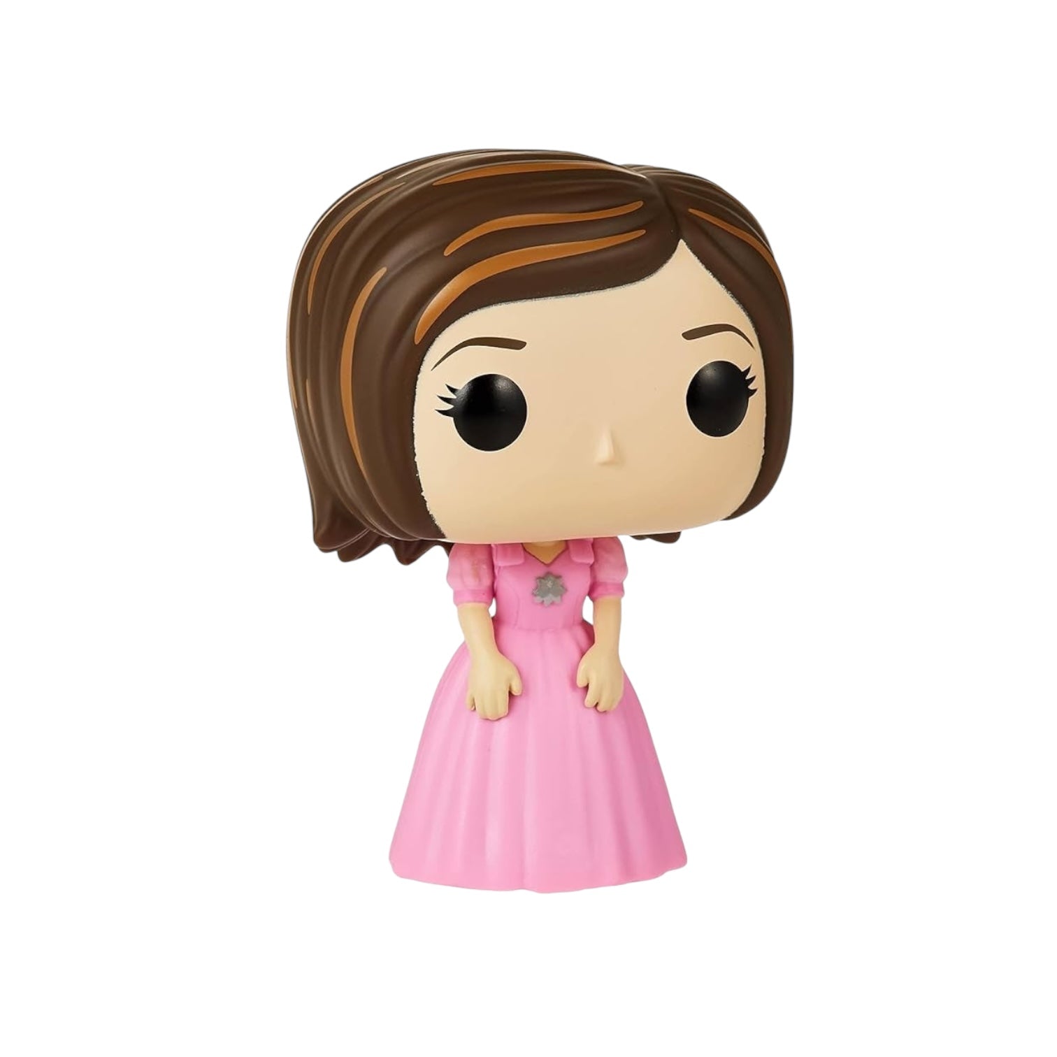 Rachel Green from Friends with bobbed brown hair and a long pink dress.