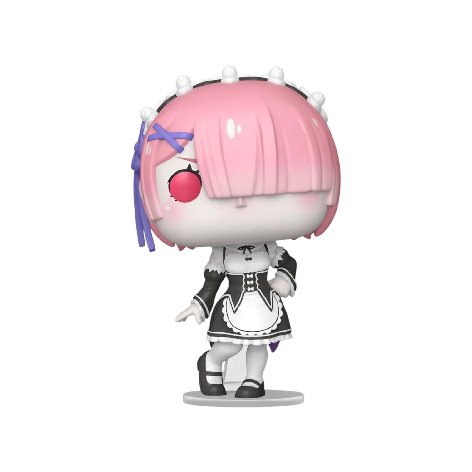 Anime character figurine with pink hair and a black and white outfit on a white background