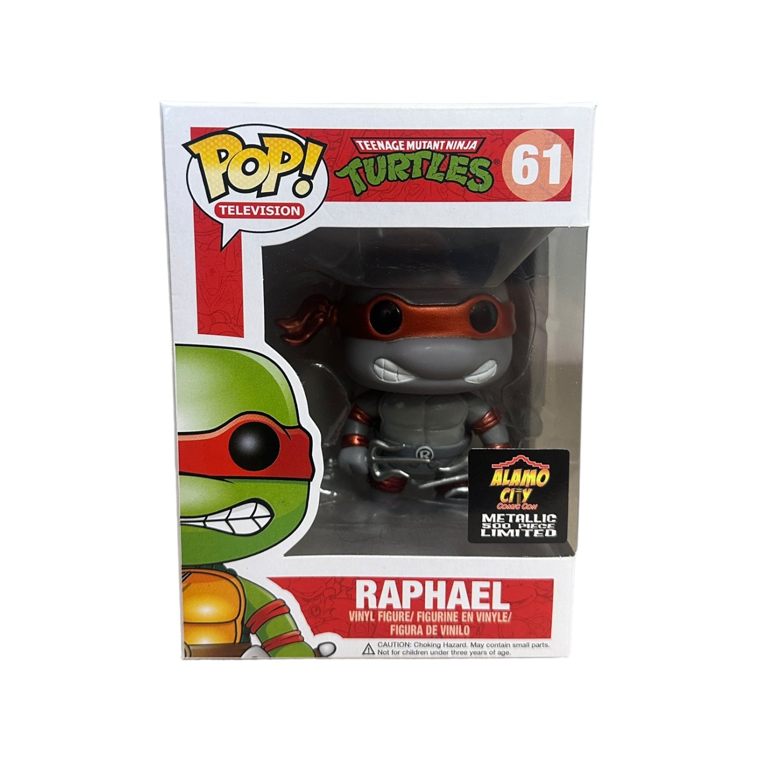 Funko Pop! Raphael #61 in grayscale metallic, a rare 2013 exclusive from ACCC, condition 8.75/10, Teenage Mutant Ninja Turtle.
