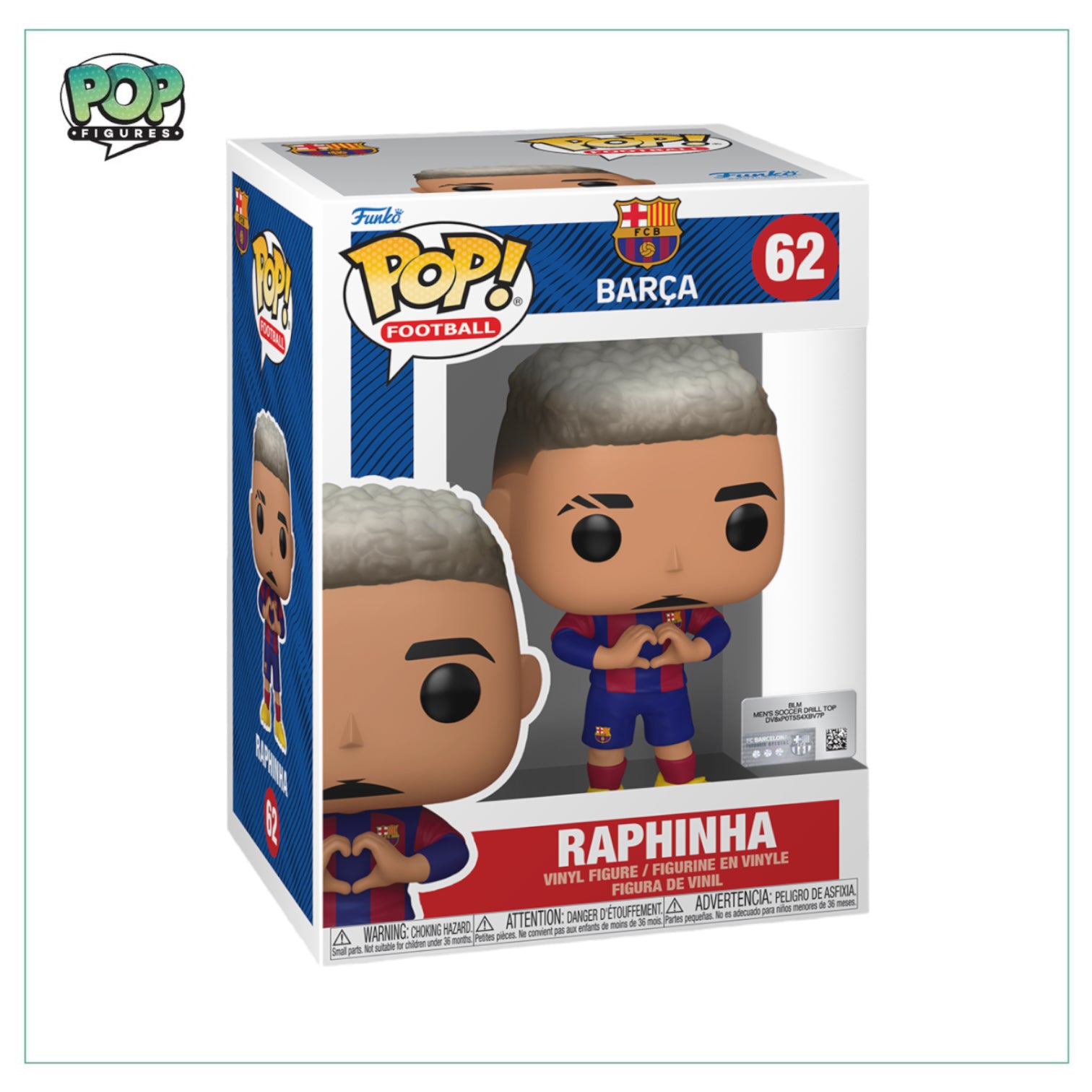 Raphinha #62 Funko Pop! collectible, featuring the Barcelona star in a fun and colorful pose.
