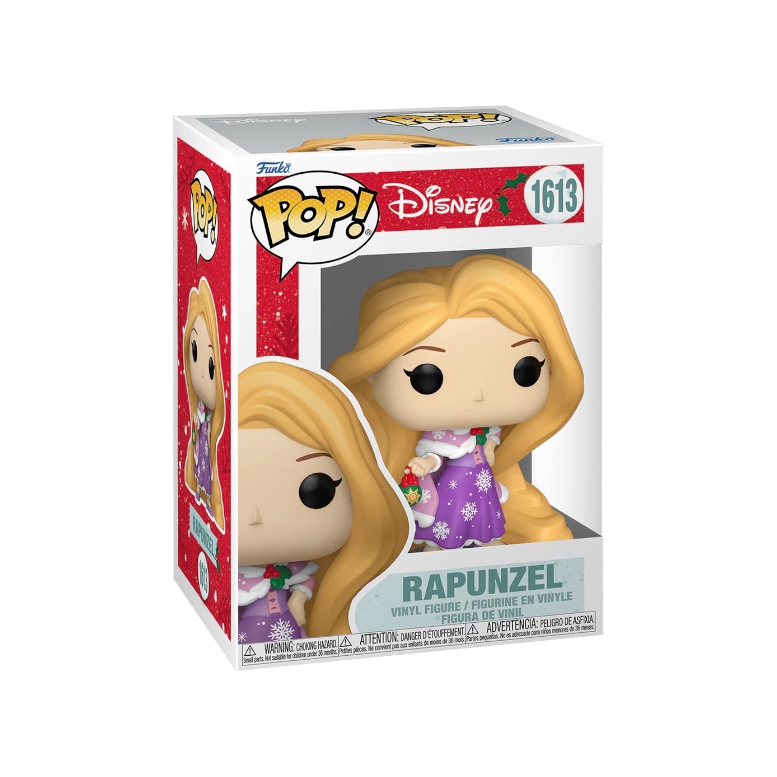 Funko Pop figure of Rapunzel in a holiday-themed outfit, featuring her long hair and a festive design.