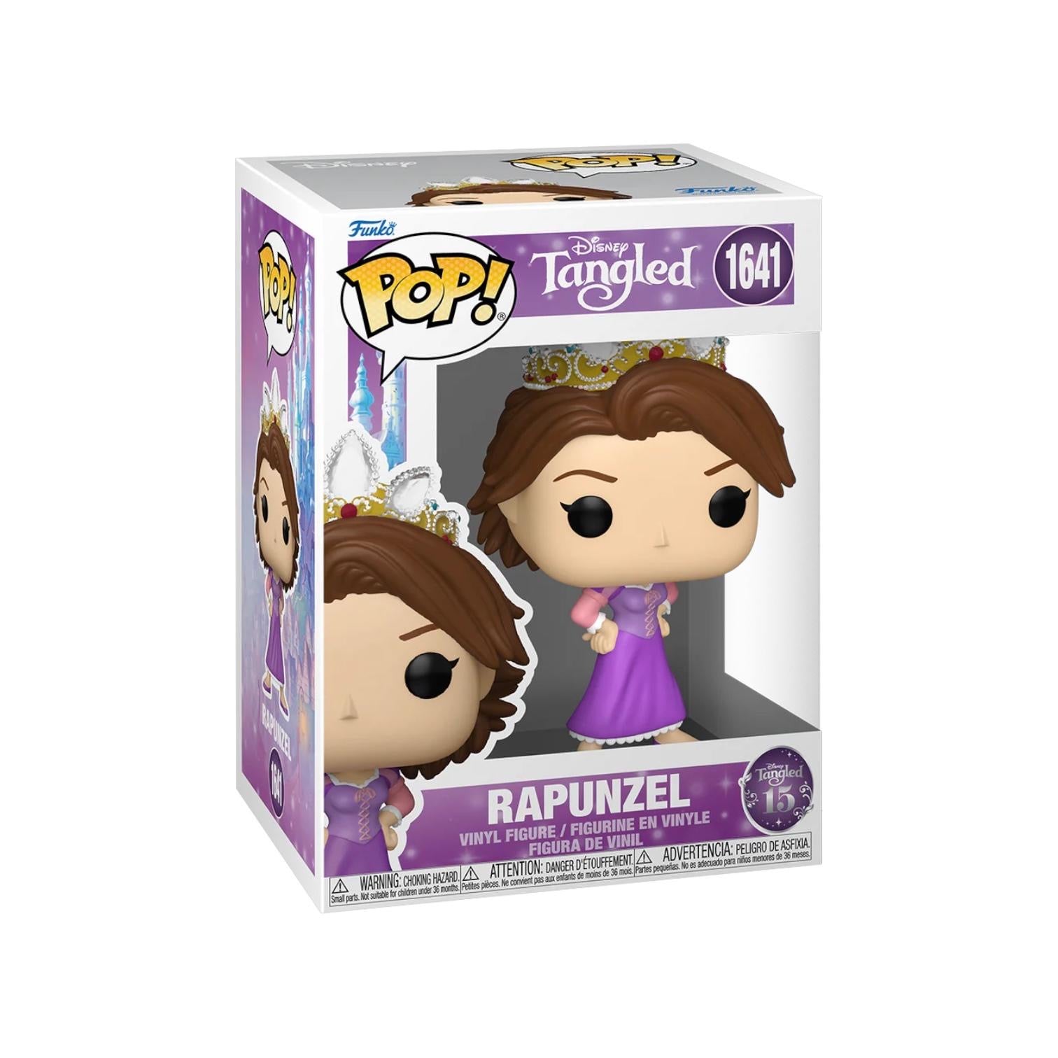 Rapunzel with her less traditional look with short brown hair and wearing crown