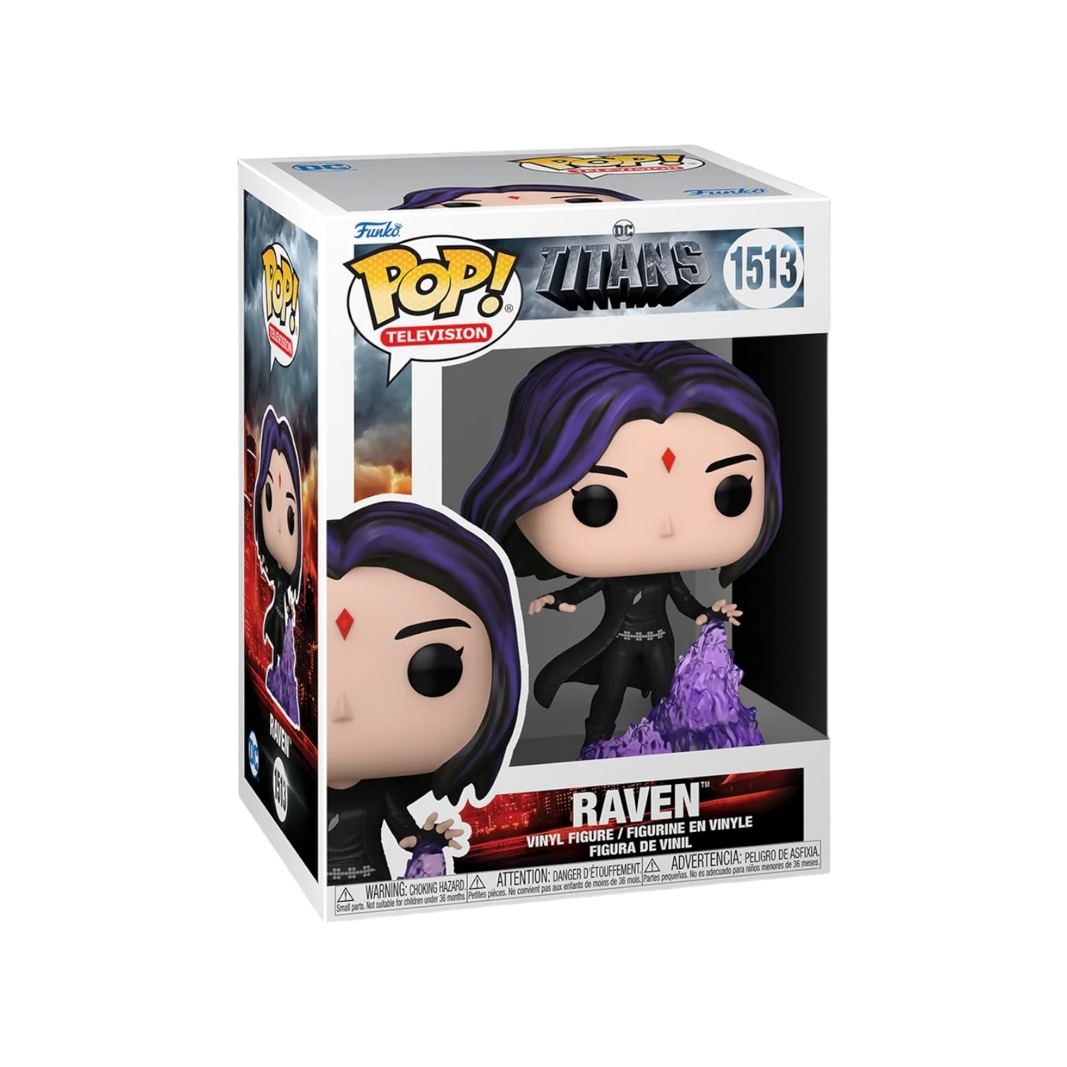 Funko Pop! of Raven #1513 from DC Titans, showcasing her iconic look with a hood and a serious expression.