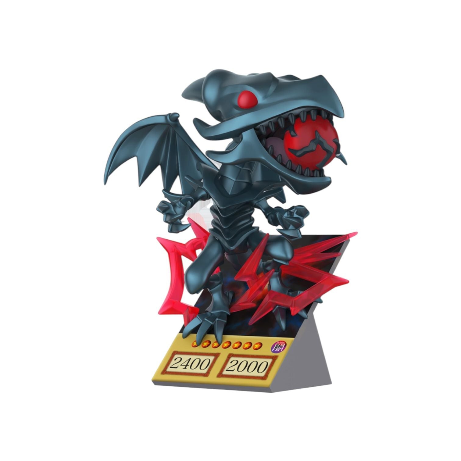 Toy figure of a dragon-like creature with red eyes and wings on a white background