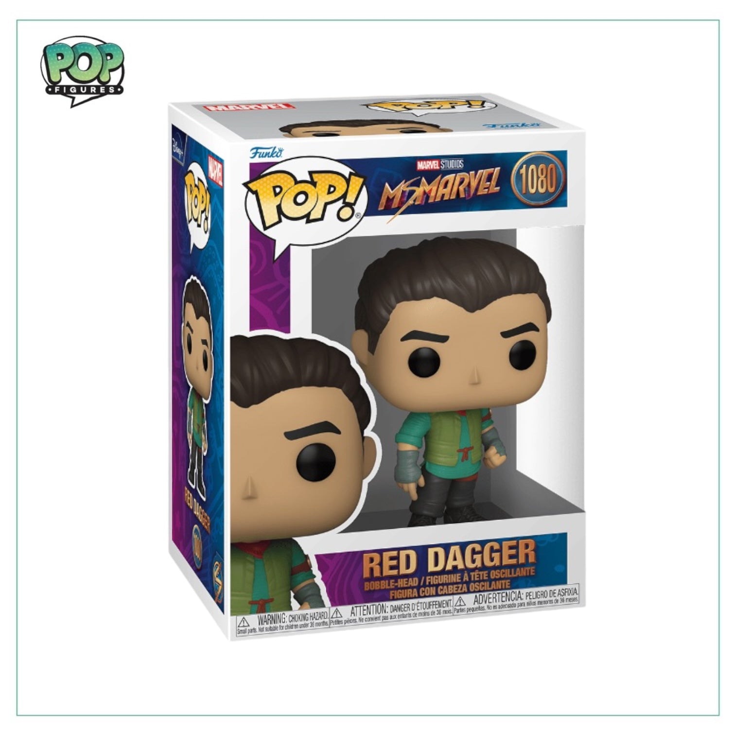 Red Dagger #1080 Funko Pop! from Ms. Marvel, depicting a stylized figure in red attire holding a dagger.