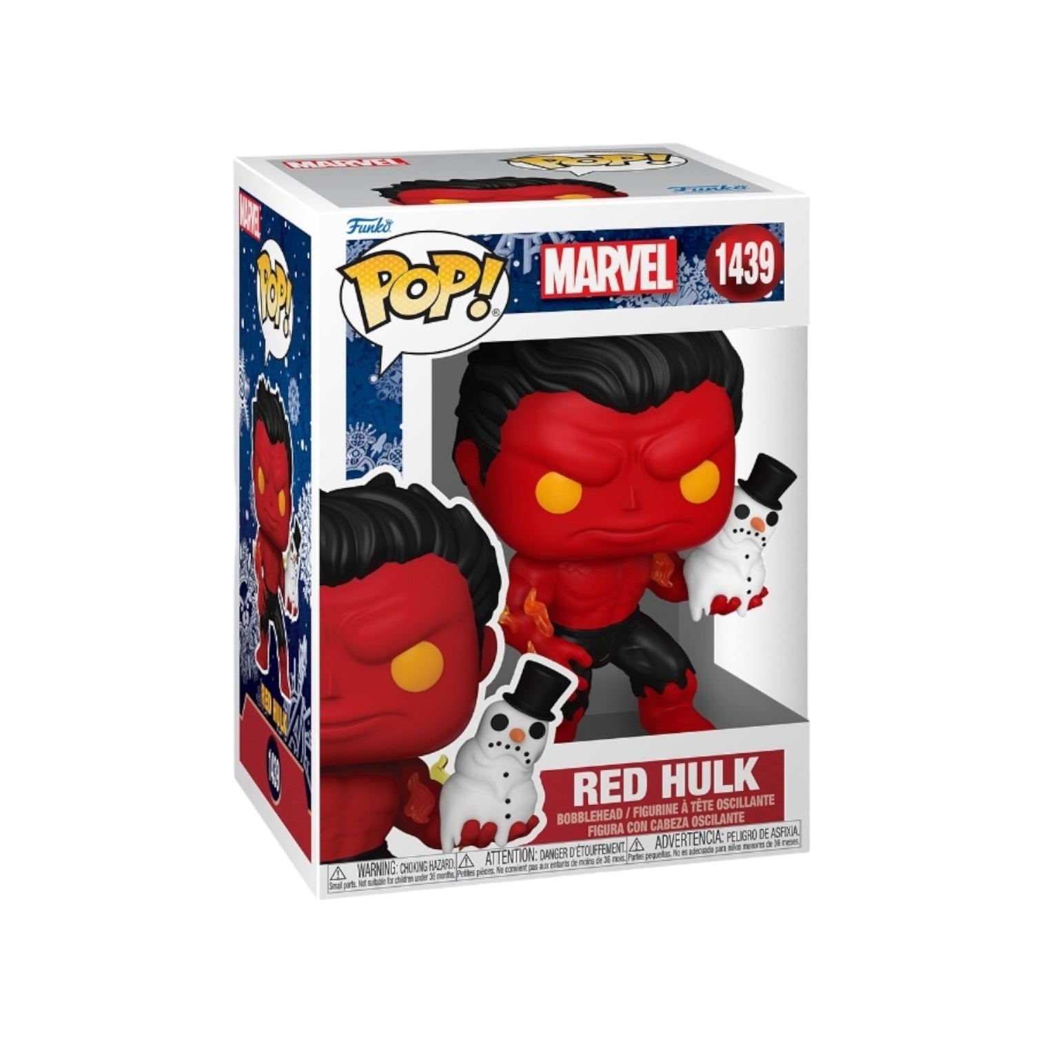 Funko Pop of Red Hulk #1439, part of Marvel's Holiday series, showcasing a cheerful and colorful festive appearance.