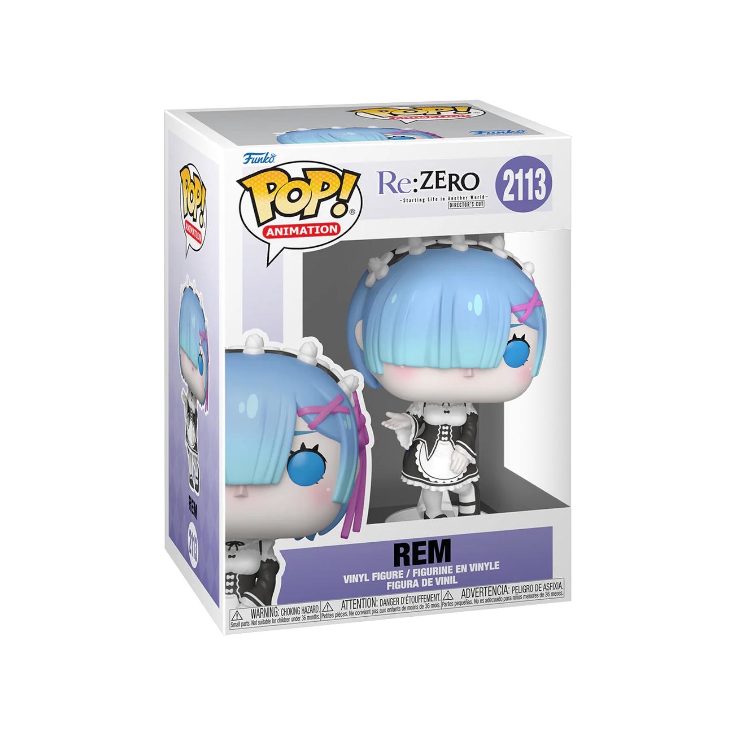 Funko Pop! vinyl figure packaging for Rem from Re:Zero with Funko logo and product details.