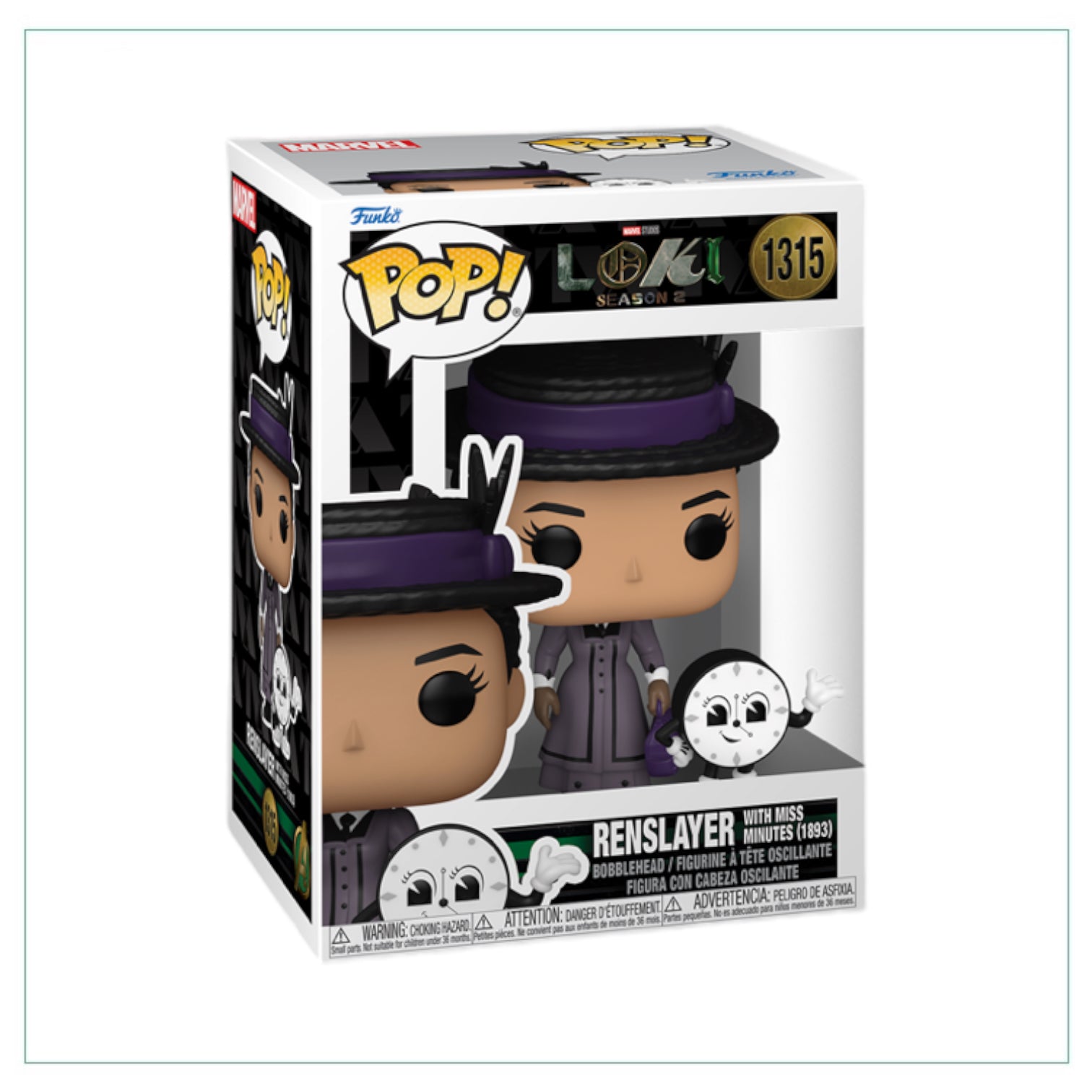 Funko Pop! of Renslayer with Miss Minutes from Loki, showcasing their unique styles, numbered 1315