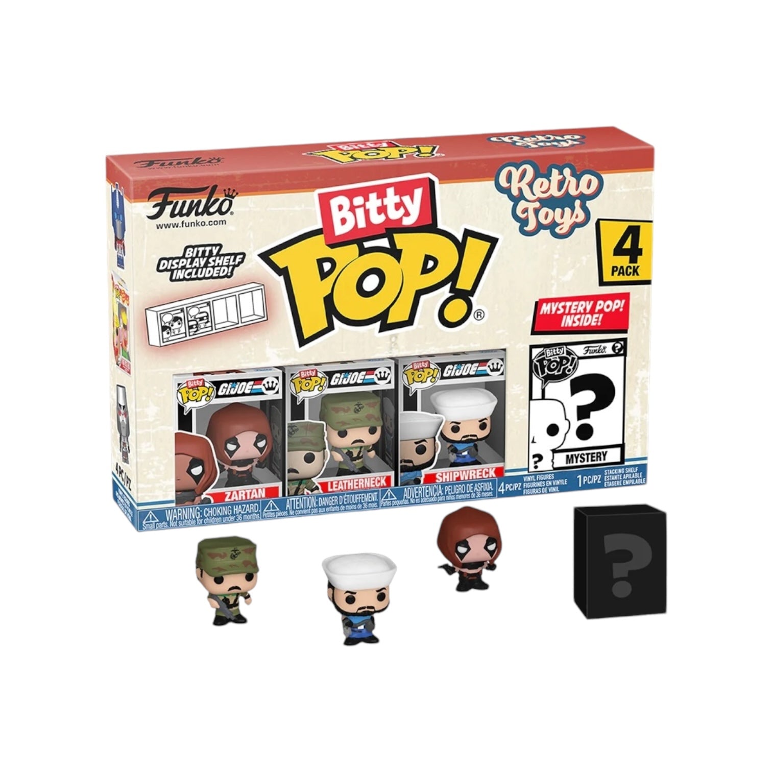 A colorful box featuring four GI Joe Funko Bitty Pop! figures, showcasing retro toy designs and nostalgic characters.