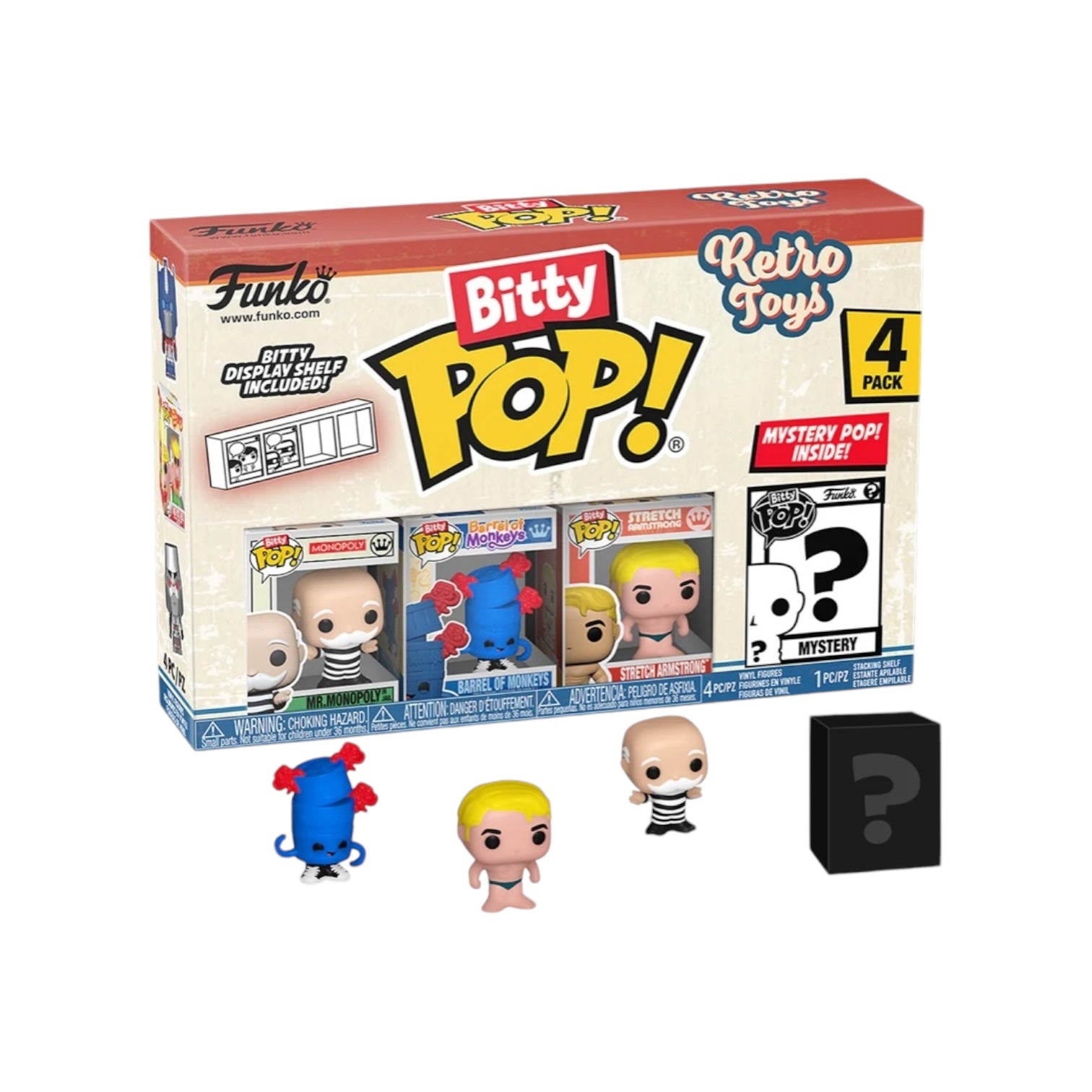 A set of four Mr. Monopoly Funko Bitty Pop! figures, showcasing retro toy designs in vibrant colors and playful poses.