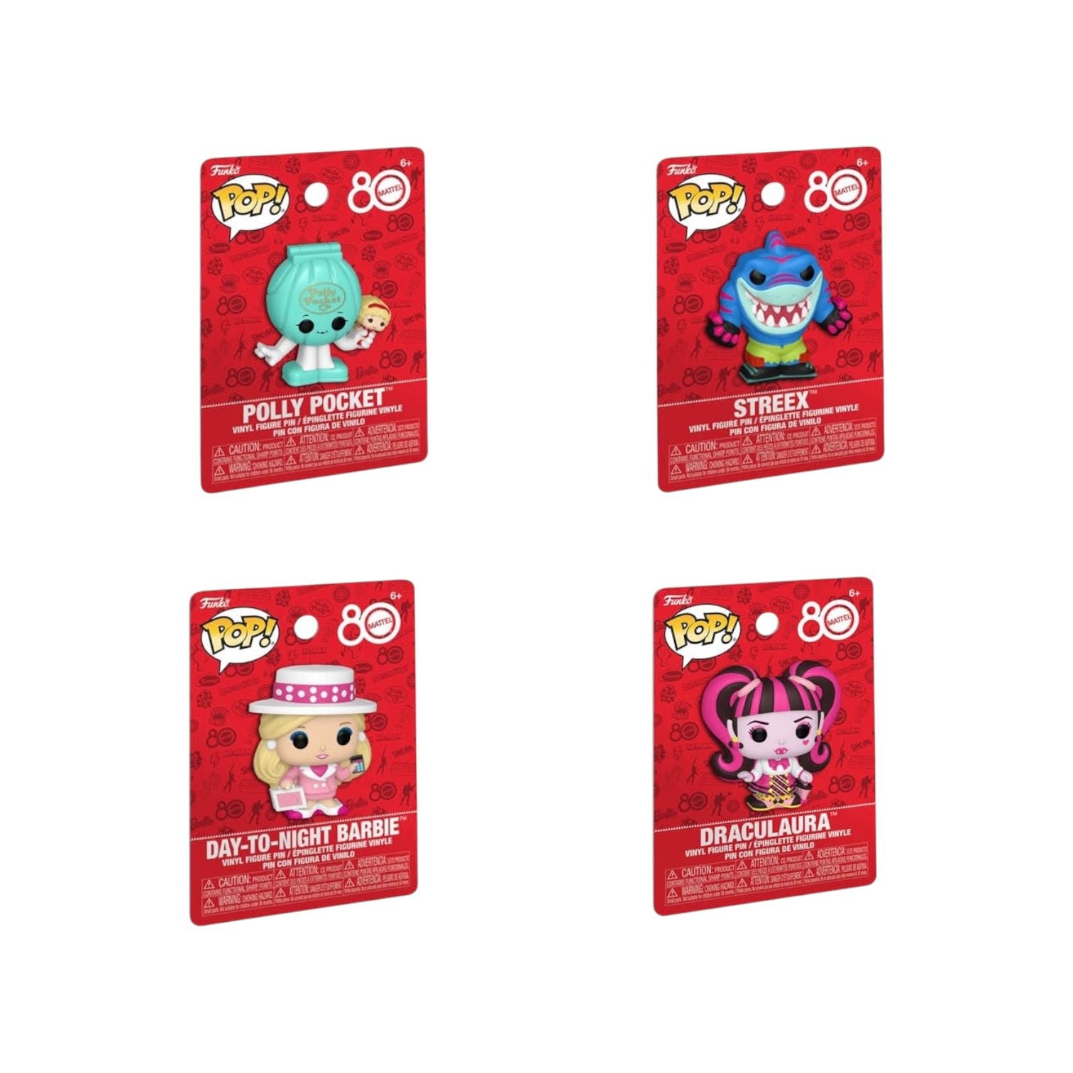 Four Funko Pop! vinyl figures in red packaging on a white background