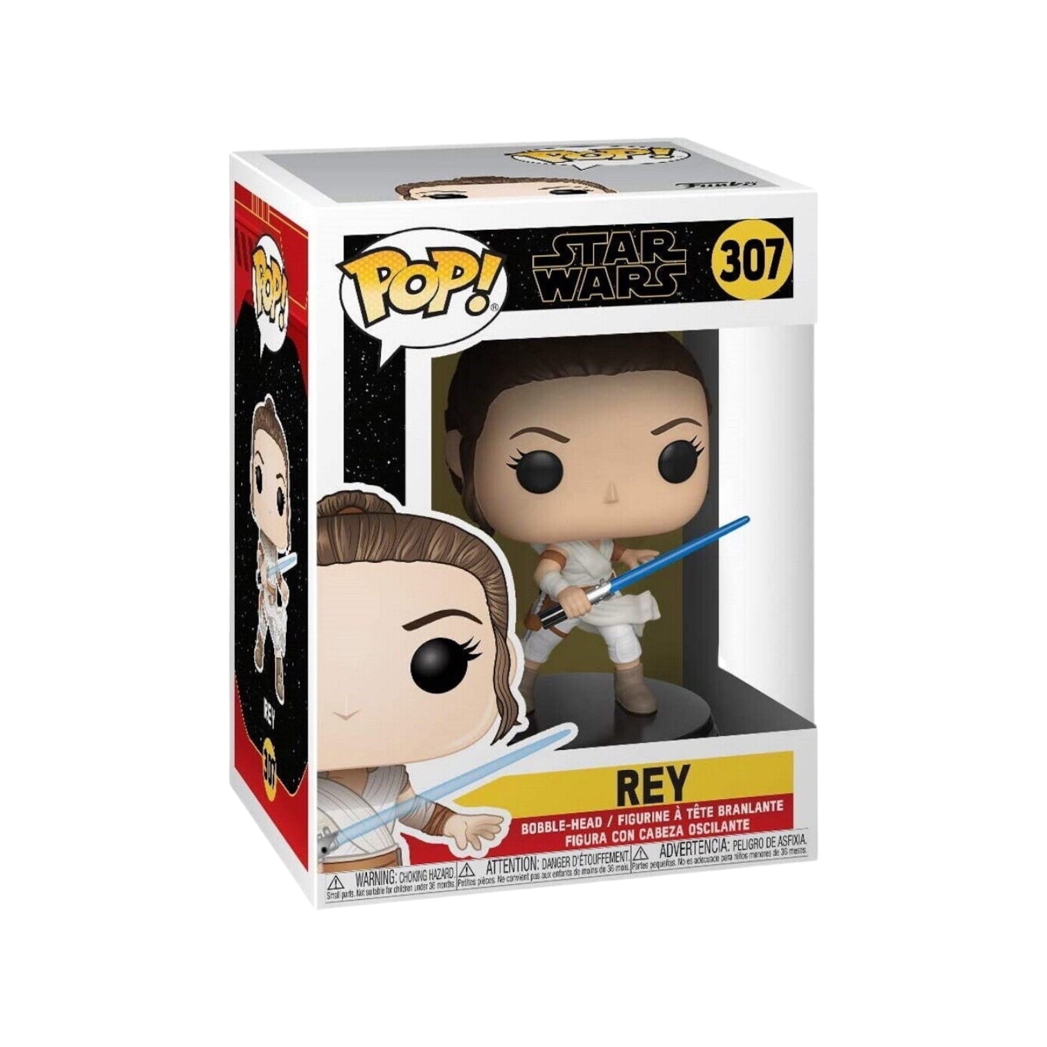 Rey #307 Funko Pop! figure from Star Wars: The Rise of Skywalker, showcasing her iconic outfit and lightsaber.
