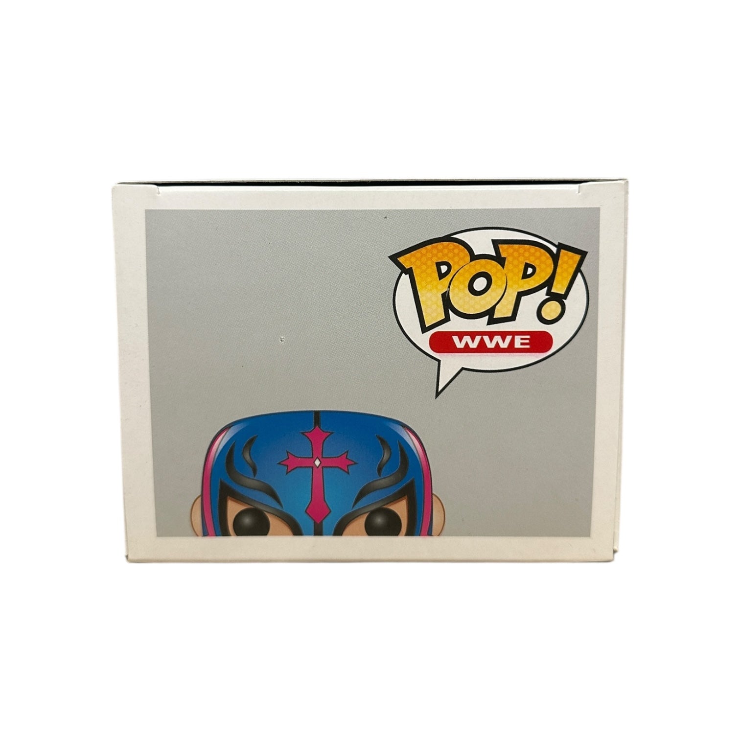 Pop! WWE toy figure packaging with character peeking over a gray background