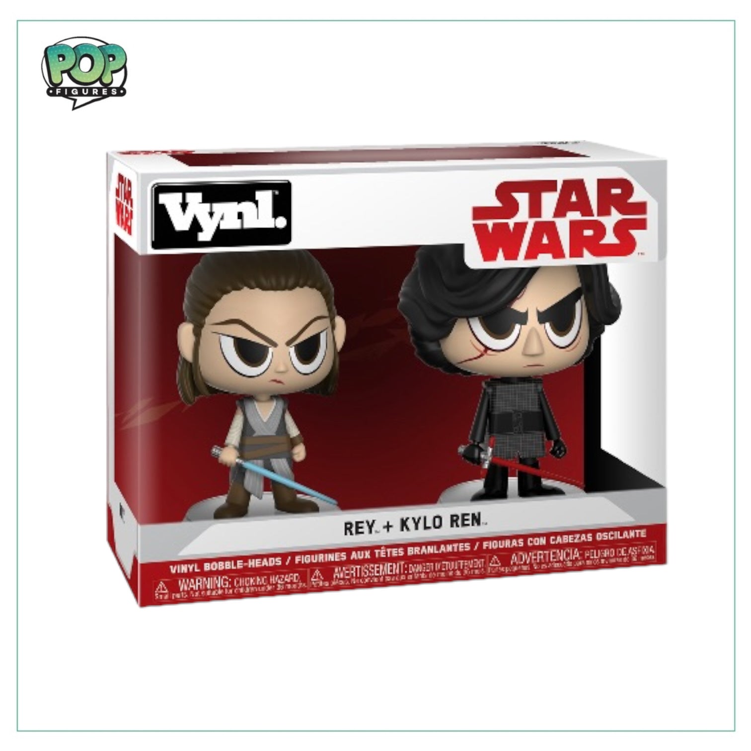 Funko Vinyl 2-pack featuring Rey and Kylo Ren from Star Wars, showcasing their iconic designs in collectible form.