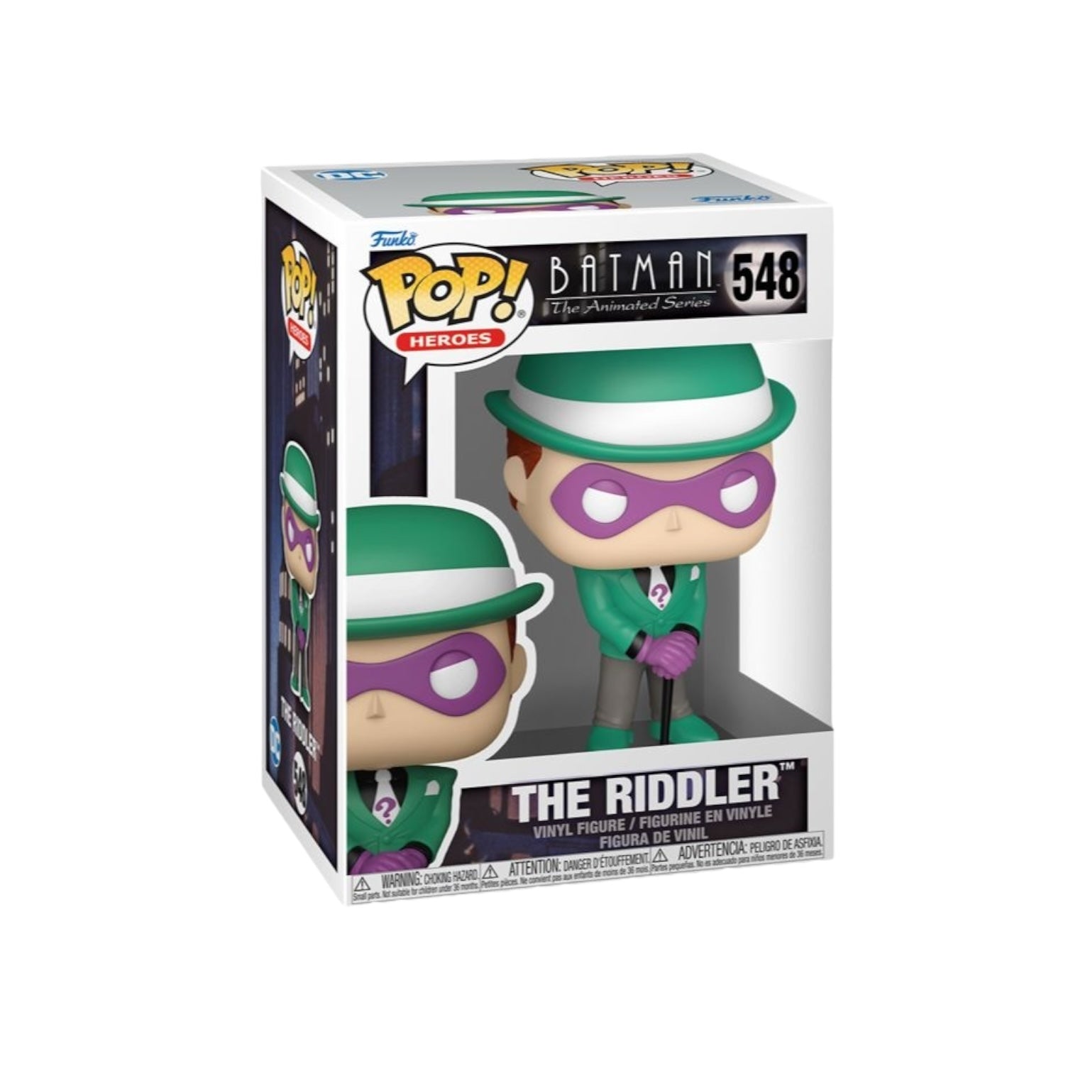 Riddler in a green hat and jack holder a walking cane