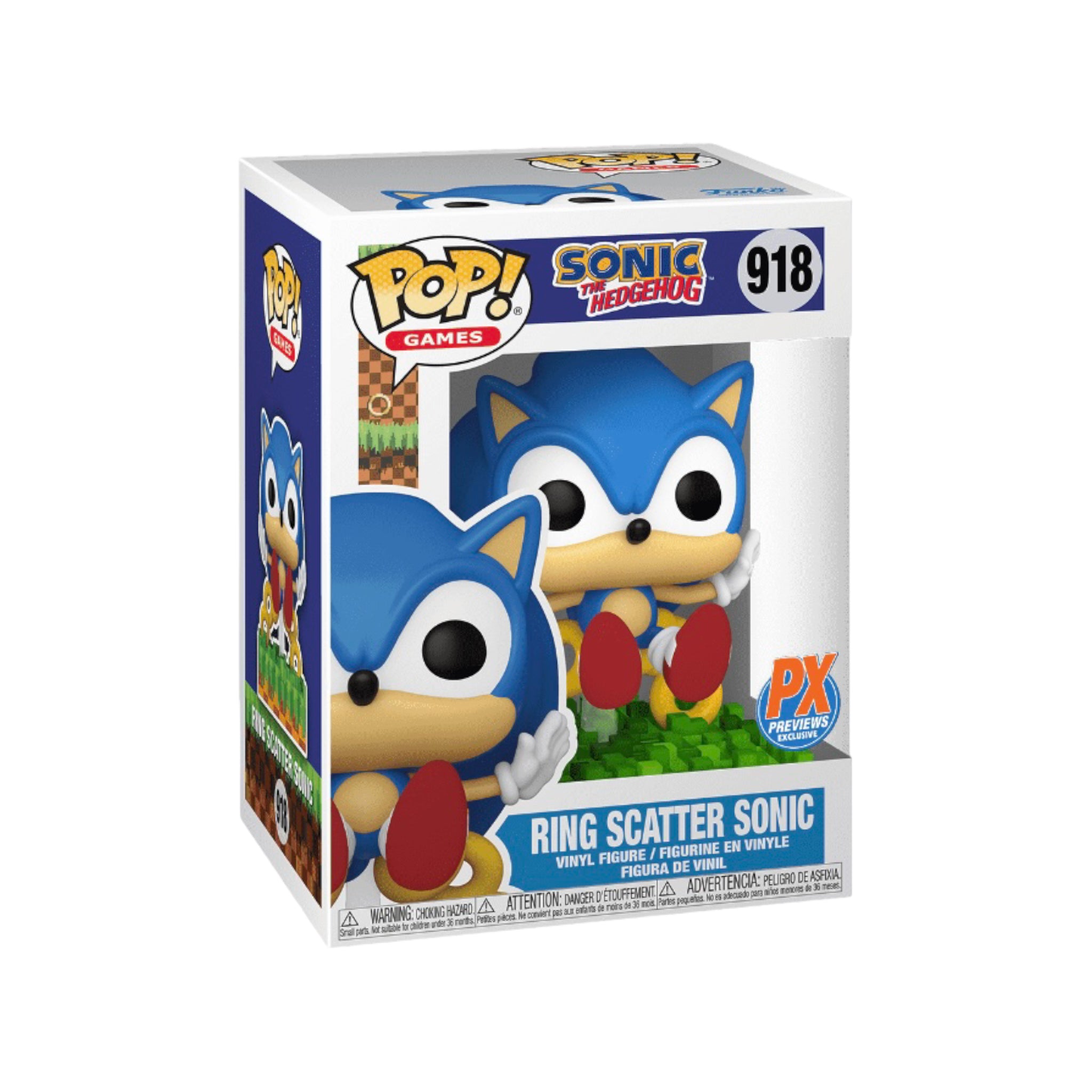 PX Previews Exclusive Funko Pop! of Sonic the Hedgehog, Ring Scatter Sonic #918, showcasing dynamic pose and bright colors.
