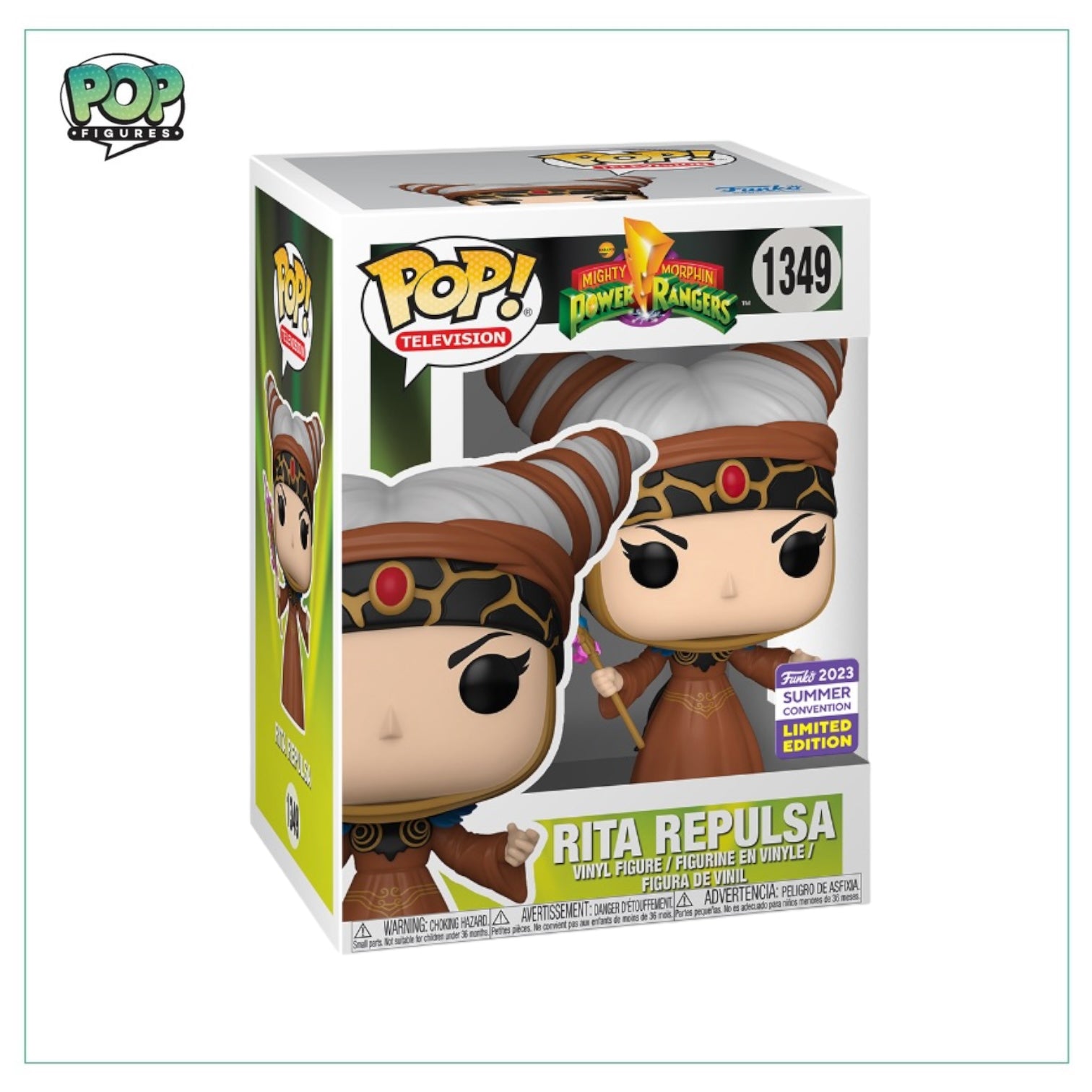 Rita Repulsa #1349 Funko Pop, a shared exclusive from SDCC 2023, showcasing her iconic look from Mighty Morphin Power Rangers.