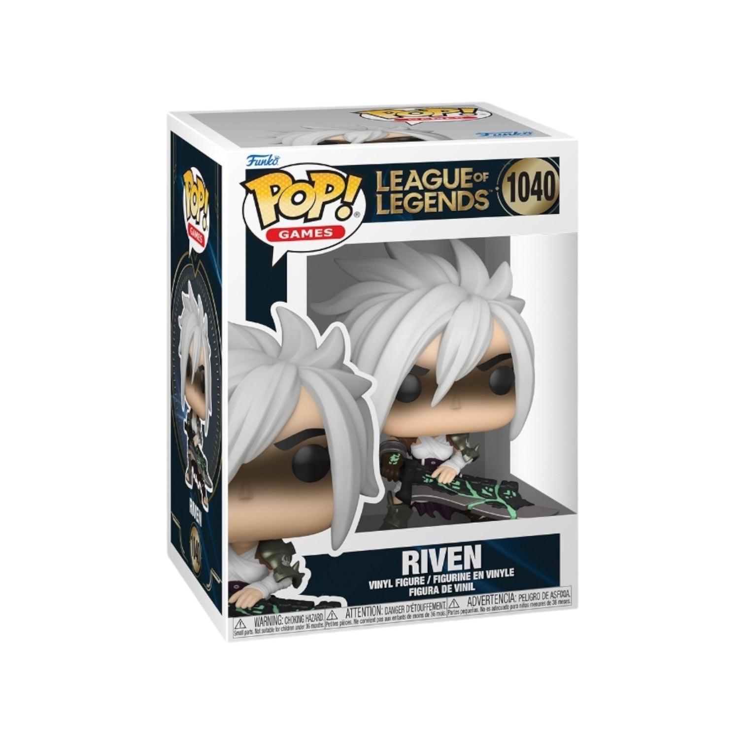Riven #1040 Funko Pop! from League of Legends, featuring her detailed armor and sword, perfect for fans and collectors alike.
