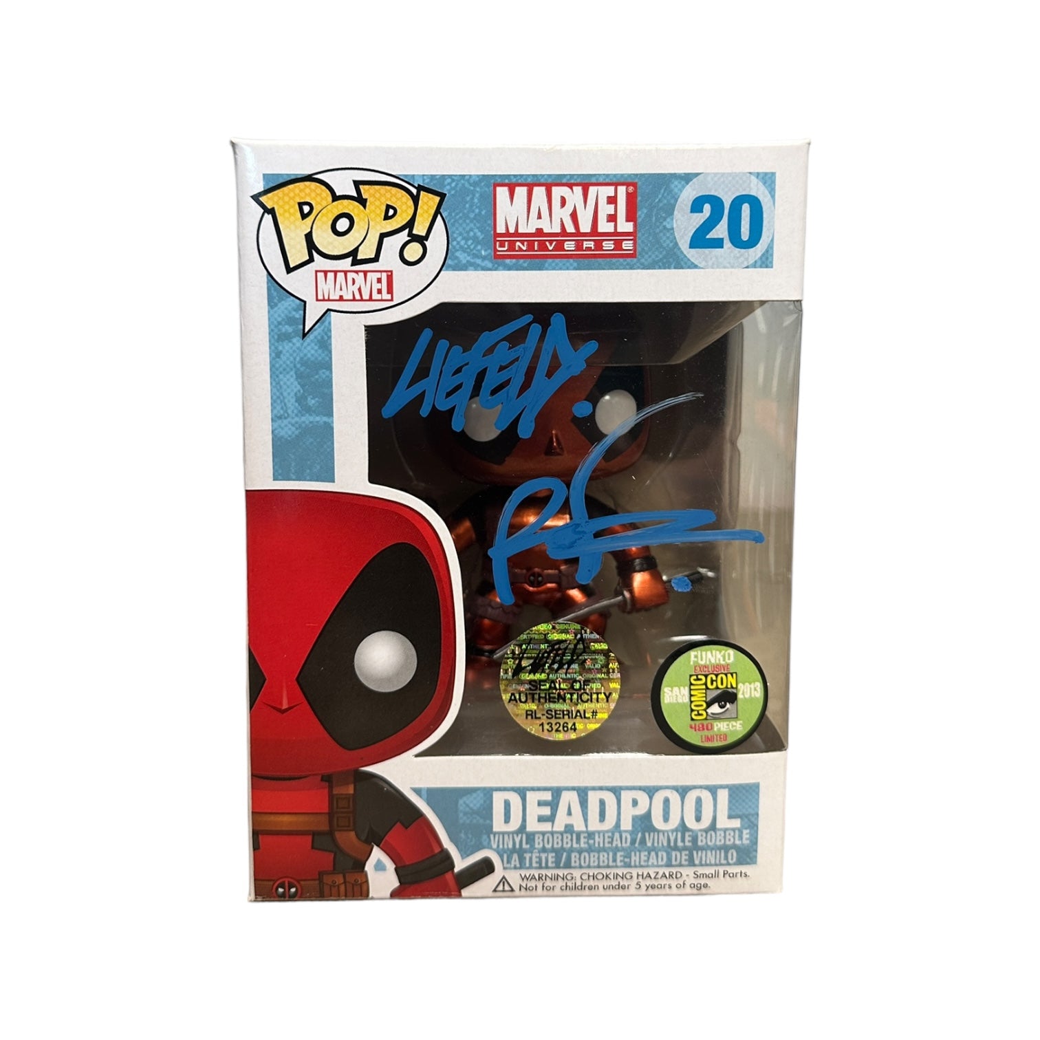 Signed Deadpool #20 Funko Pop! by Rob Liefeld, SDCC 2013 Exclusive, limited to 480 pieces, condition 8/10.