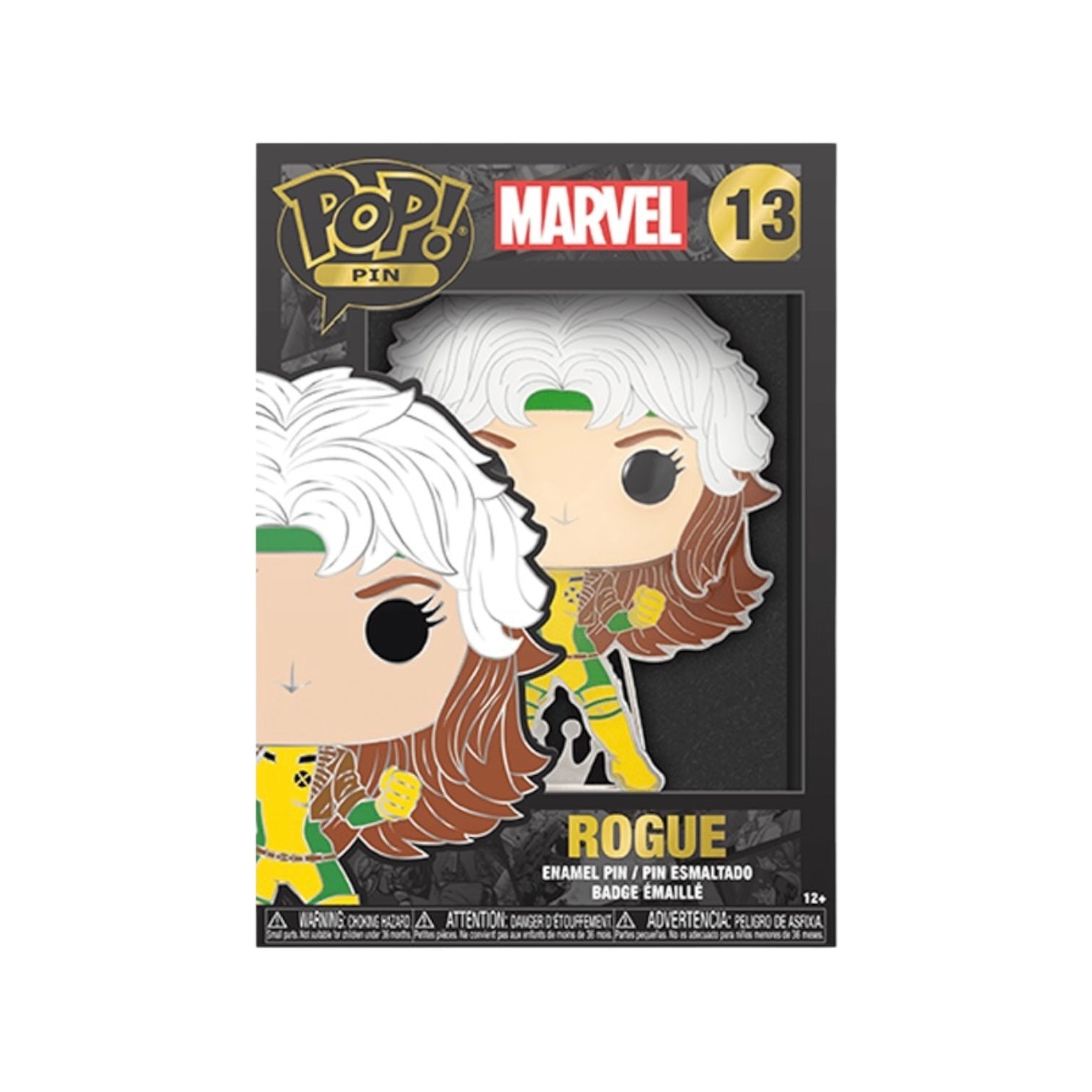 X-Men Rogue #13 Funko Enamel Pop Pin, showcasing her vibrant costume and signature hairstyle in a collectible design.