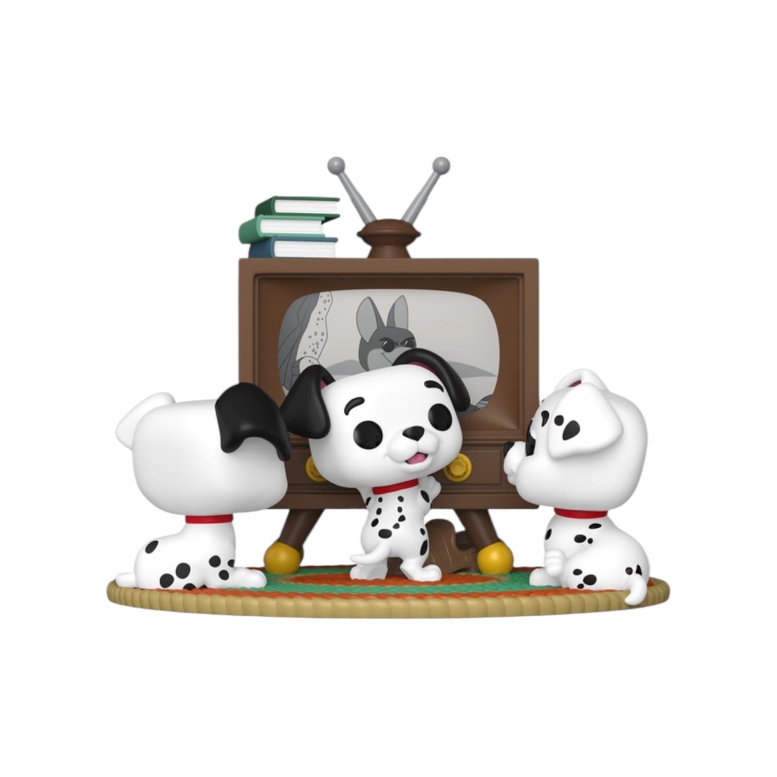Three Dalmatian figurines in front of a vintage television set with a rabbit on the screen.
