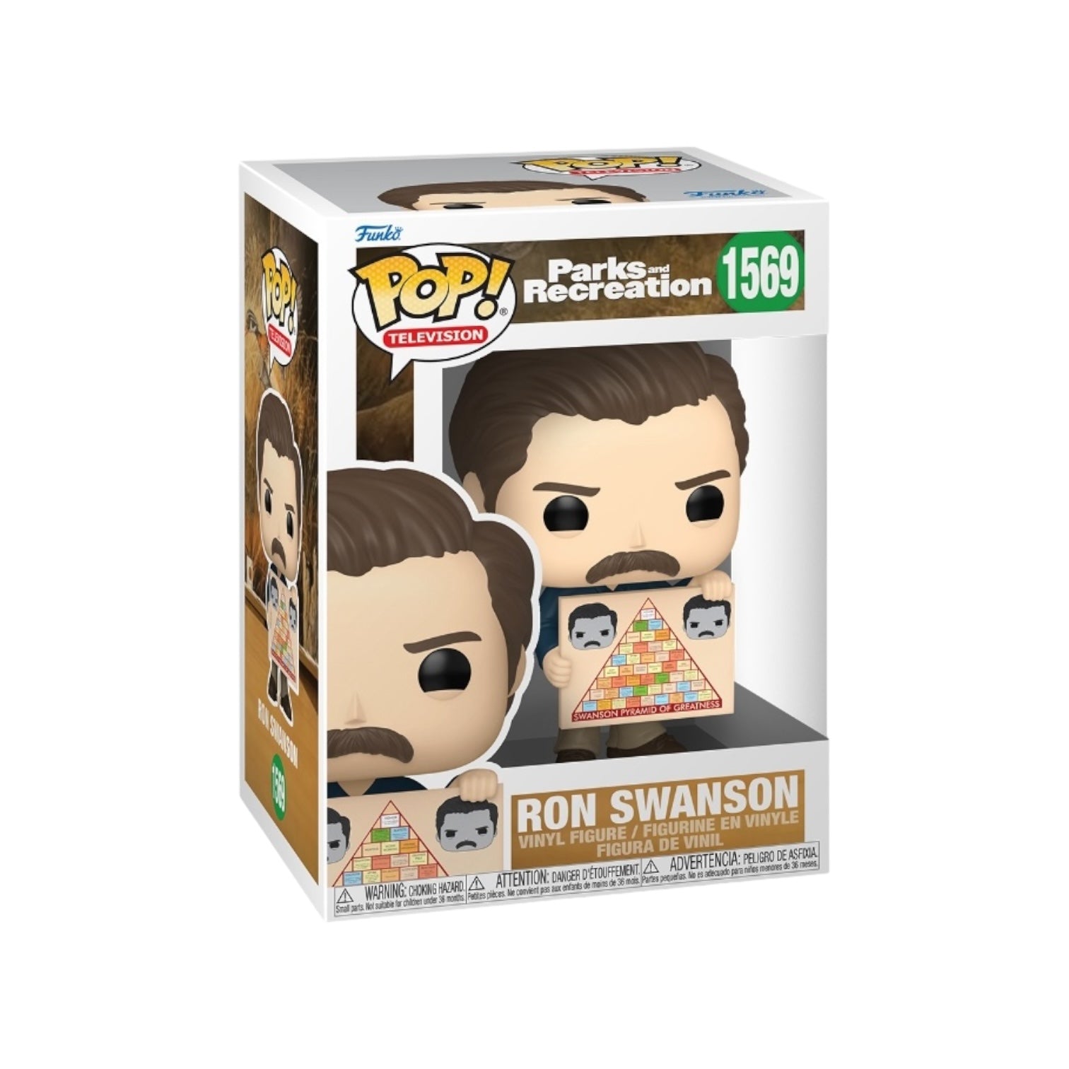Funko Pop! #1569 of Ron Swanson from Parks and Recreation, showcasing his classic look with a mustache and stern face.