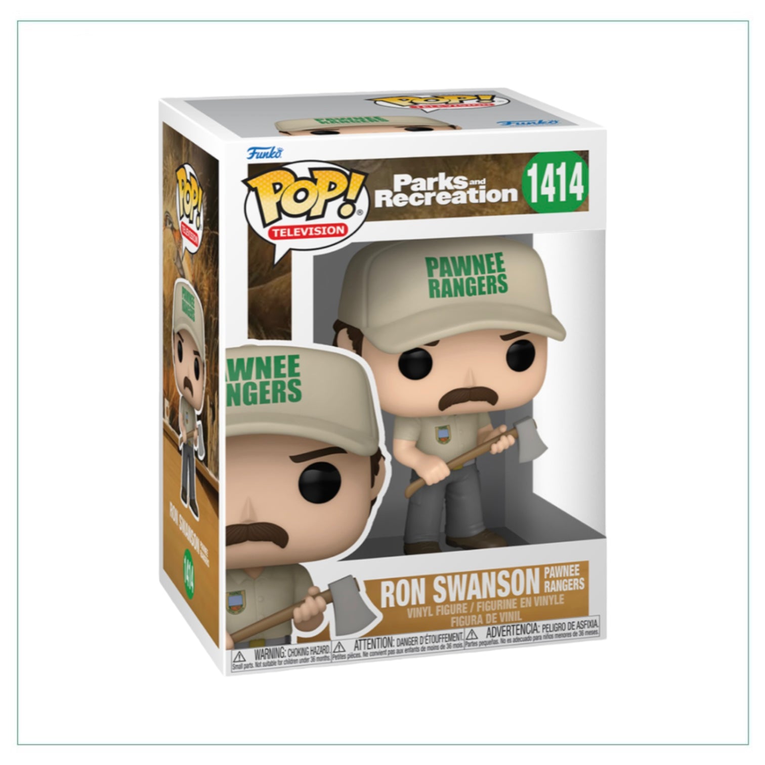 Ron Swanson Funko Pop! figure from Parks & Recreation, dressed in Pawnee Rangers attire, showcasing his iconic mustache.