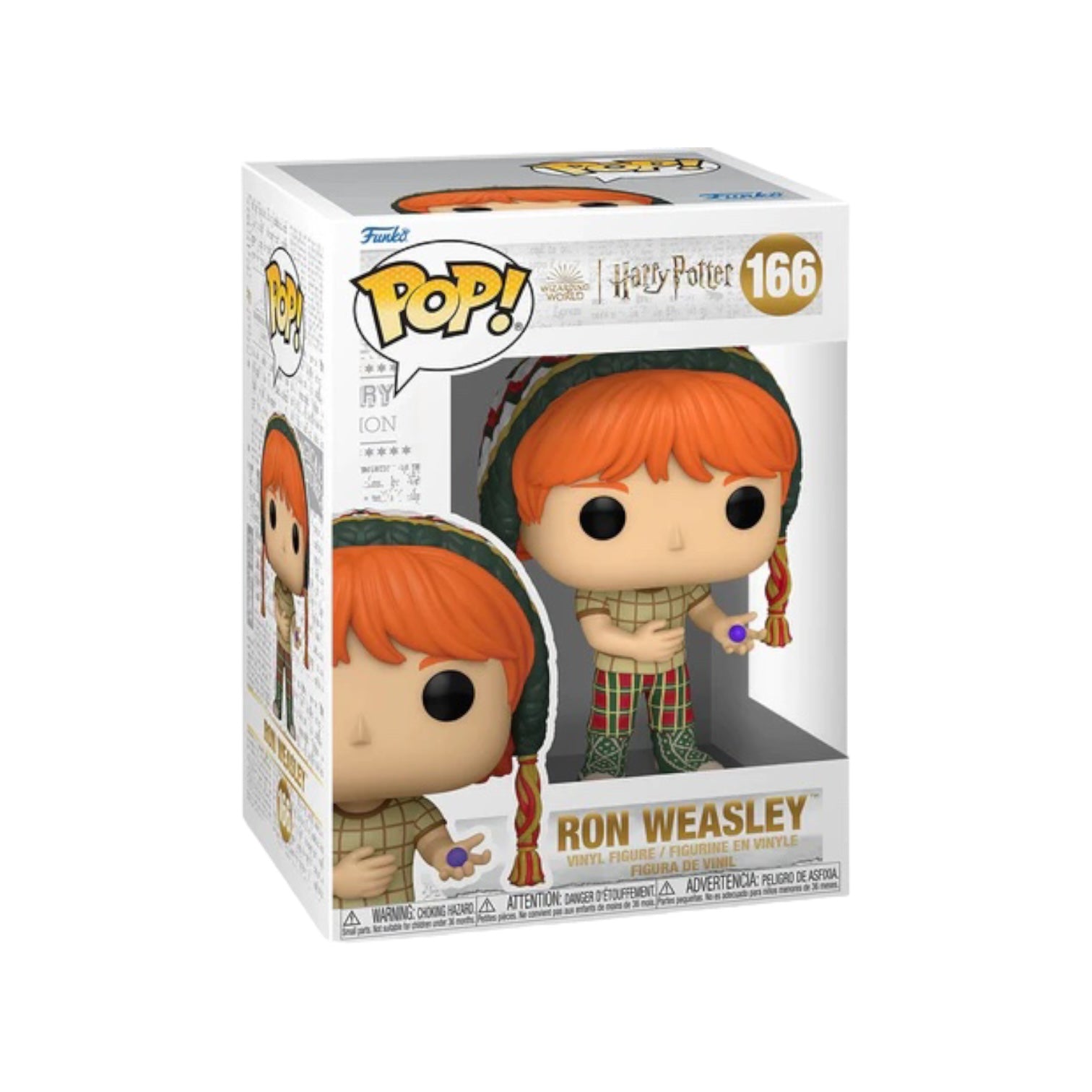 Ron Weasley Funko Pop! figure #166, featuring him in his Gryffindor robes with a wand, smiling cheerfully.