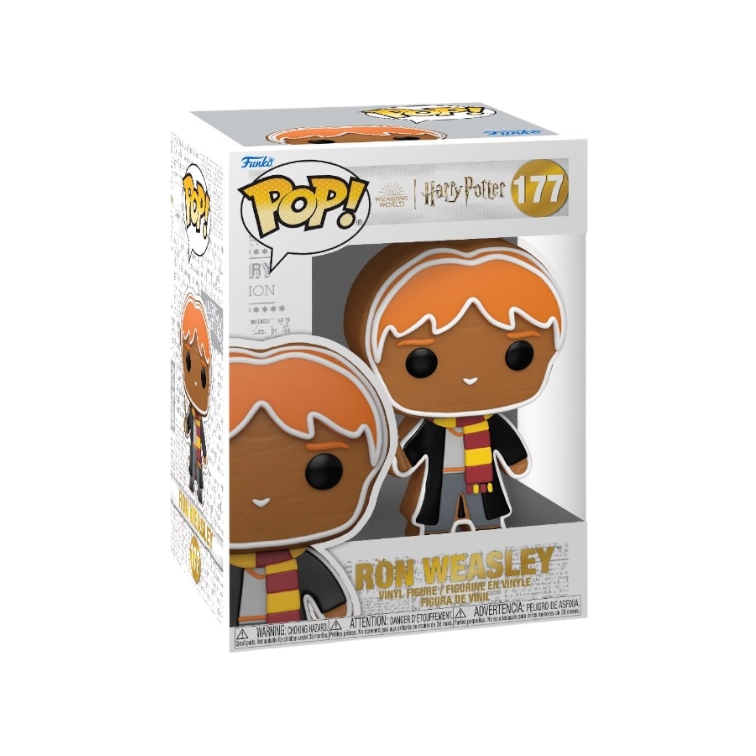 Ron Weasley gingerbread Funko Pop! #177, featuring him in a scarf and wand, inspired by the Harry Potter universe.