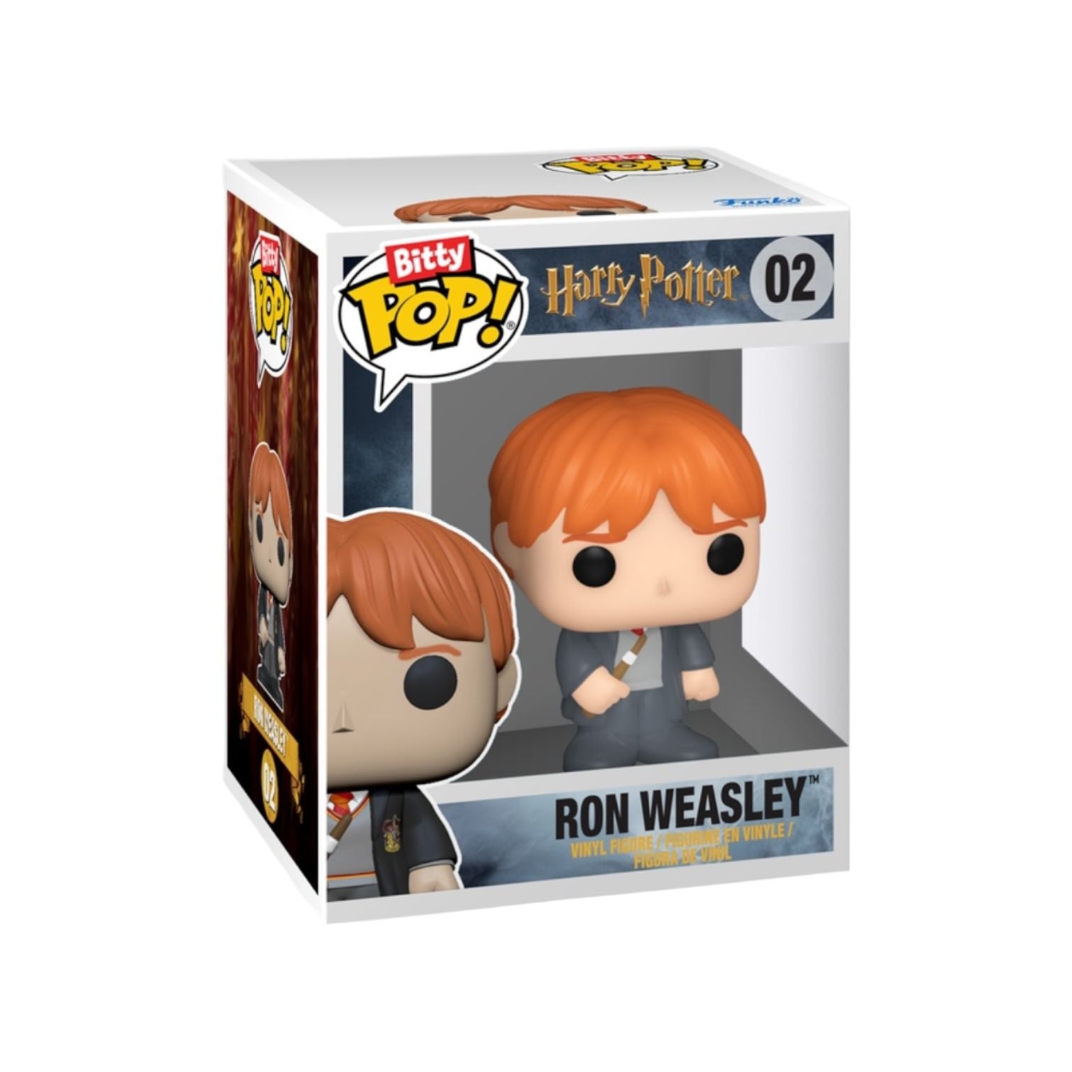 Funko Pop! Ron Weasley figure packaging with 'Harry Potter' branding on a white background