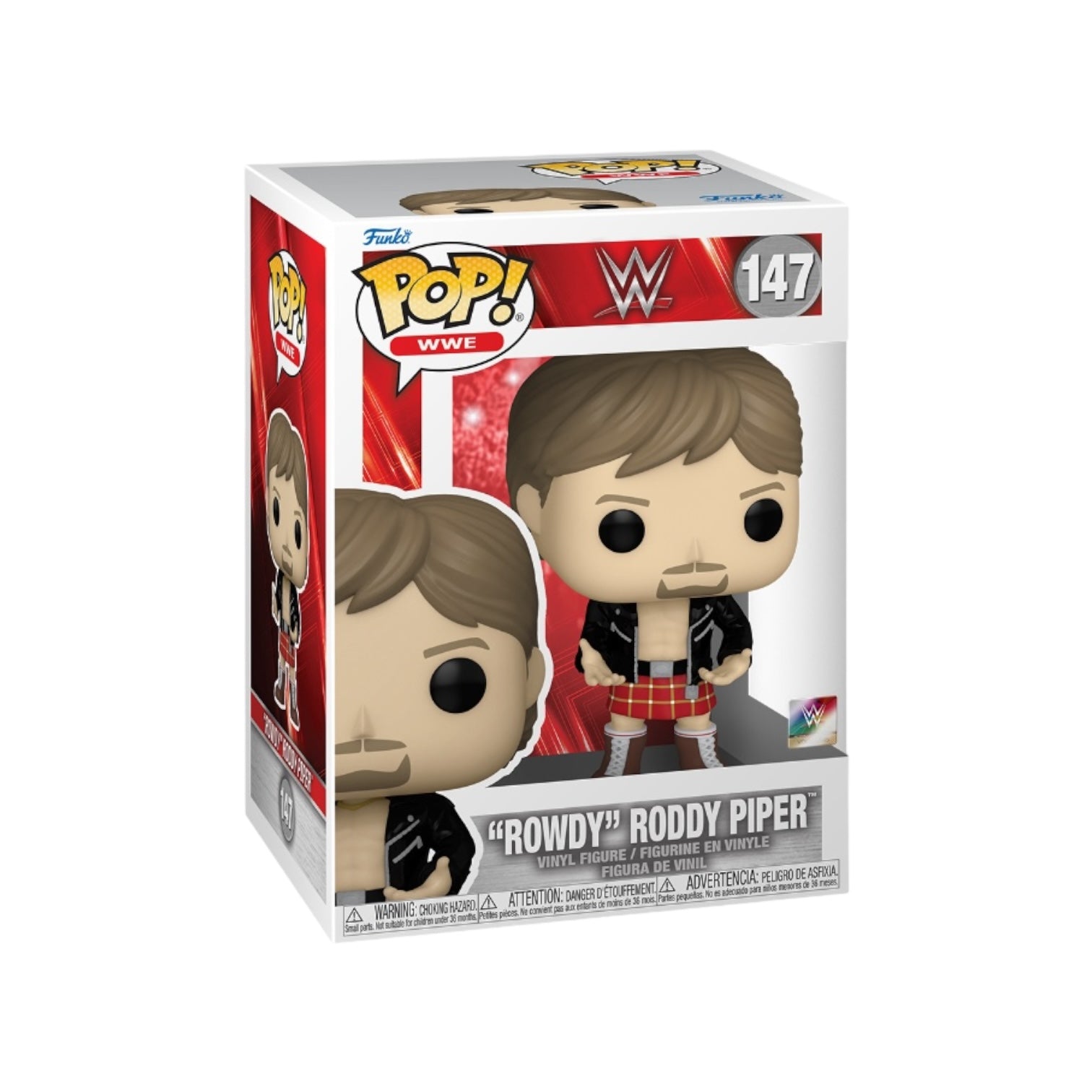 Funko Pop! #147 of "Rowdy" Roddy Piper, representing the famous WWE wrestler with a bold and colorful design.
