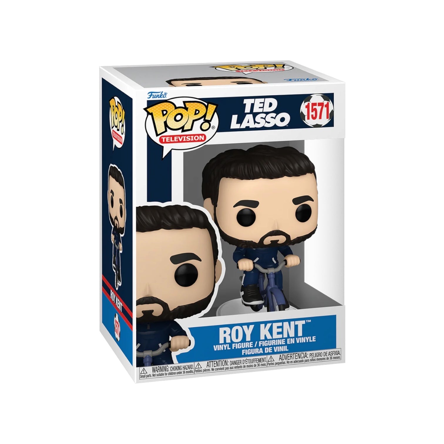 Roy Kent Funko Pop! #1571, featuring him on a bike, representing the beloved character from the series Ted Lasso.