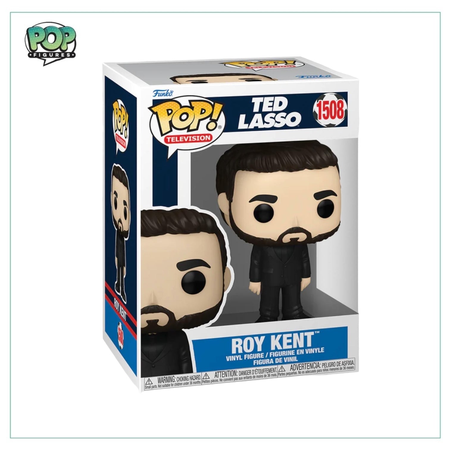 Roy Kent in a sleek black suit as a Funko Pop! figure, capturing his iconic look from Ted Lasso.