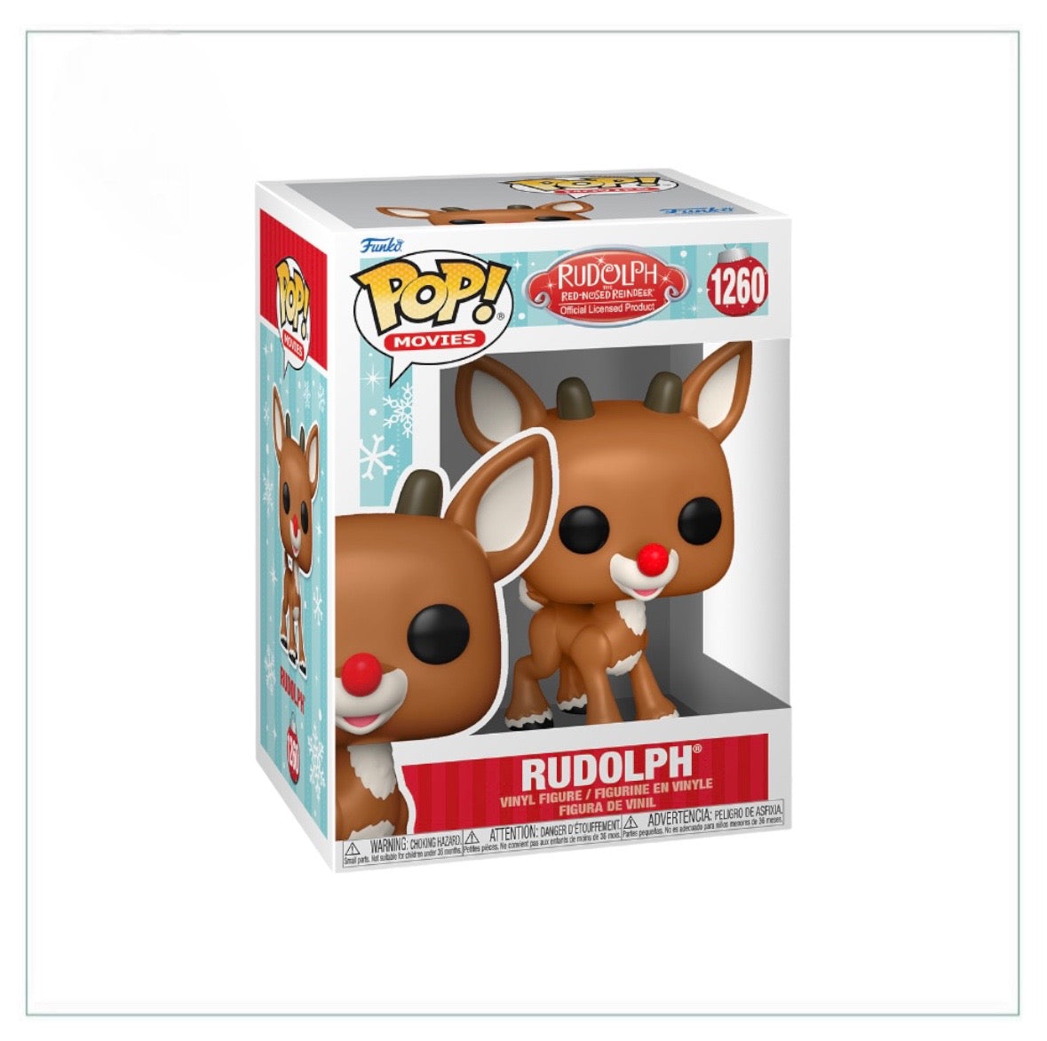 Adorable Funko Pop! of Rudolph the Red-Nosed Reindeer, showcasing his bright red nose and playful charm. A must-have for fans!