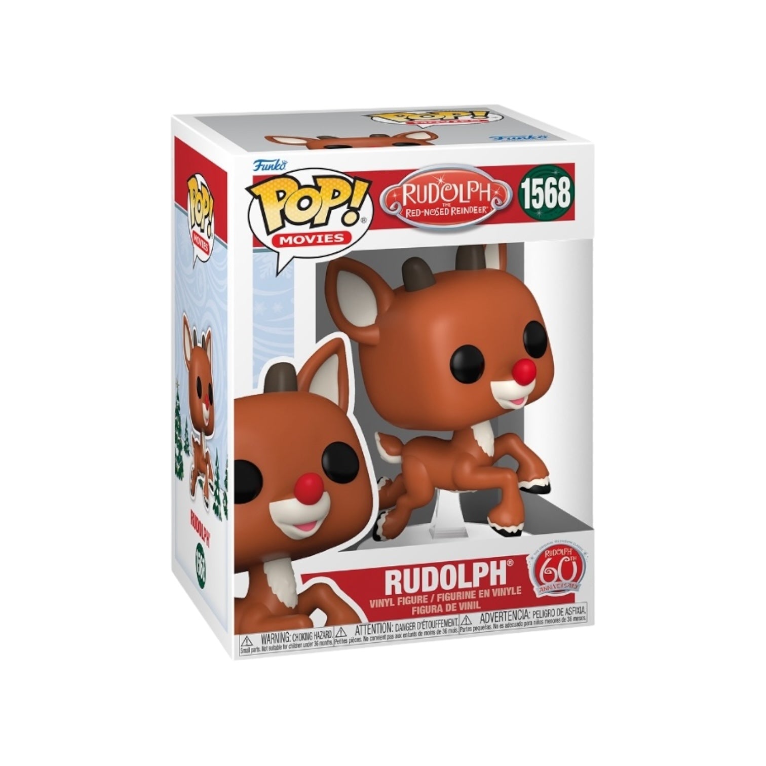 Collectible Funko Pop! of Rudolph the Red-Nosed Reindeer, showcasing his bright red nose and friendly smile in a cute figure.