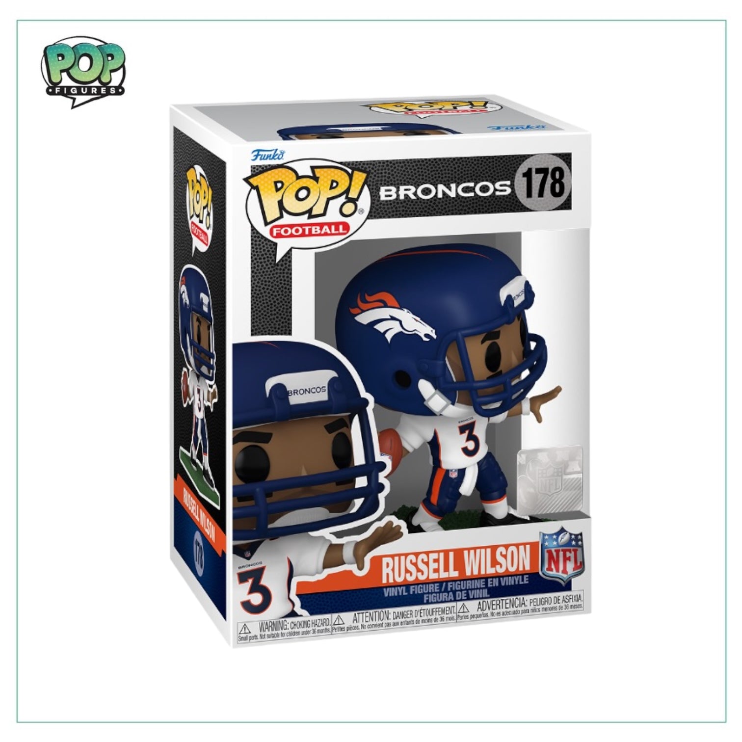 Russel Wilson Funko Pop! figure #178, dressed in Denver Broncos gear, perfect for NFL fans and collectors alike.