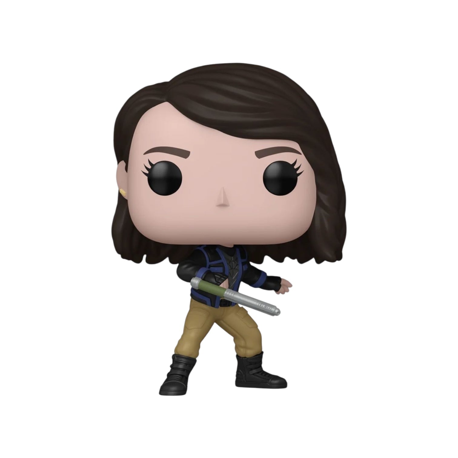 Ruth wearing black top with purple detai land black boots with cream trousers