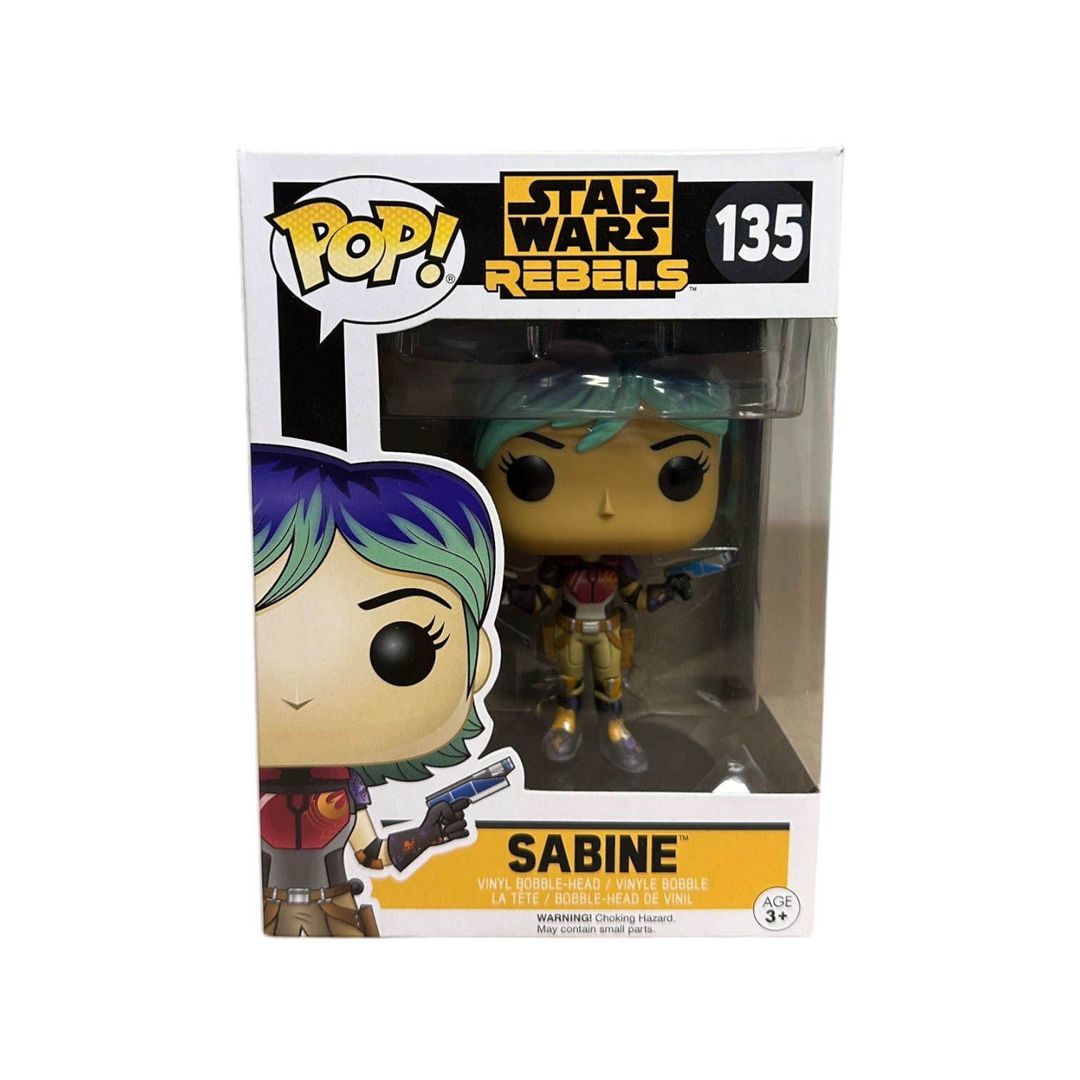 Sabine #135 (Unmasked) Funko Pop! from Star Wars: Rebels, released in 2016, rated 8.5 out of 10 for condition.