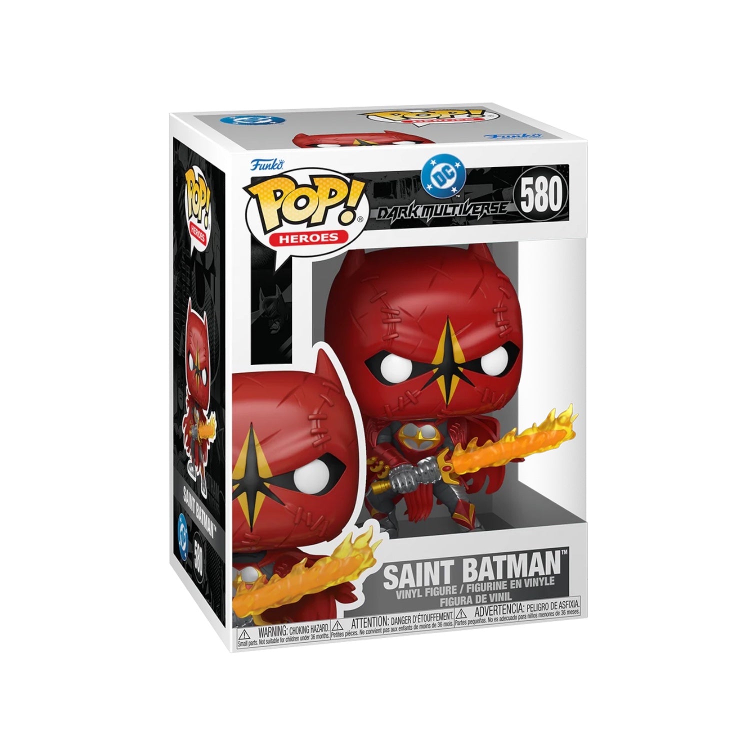 Funko Pop! vinyl figure packaging of Saint Batman with red and yellow design.