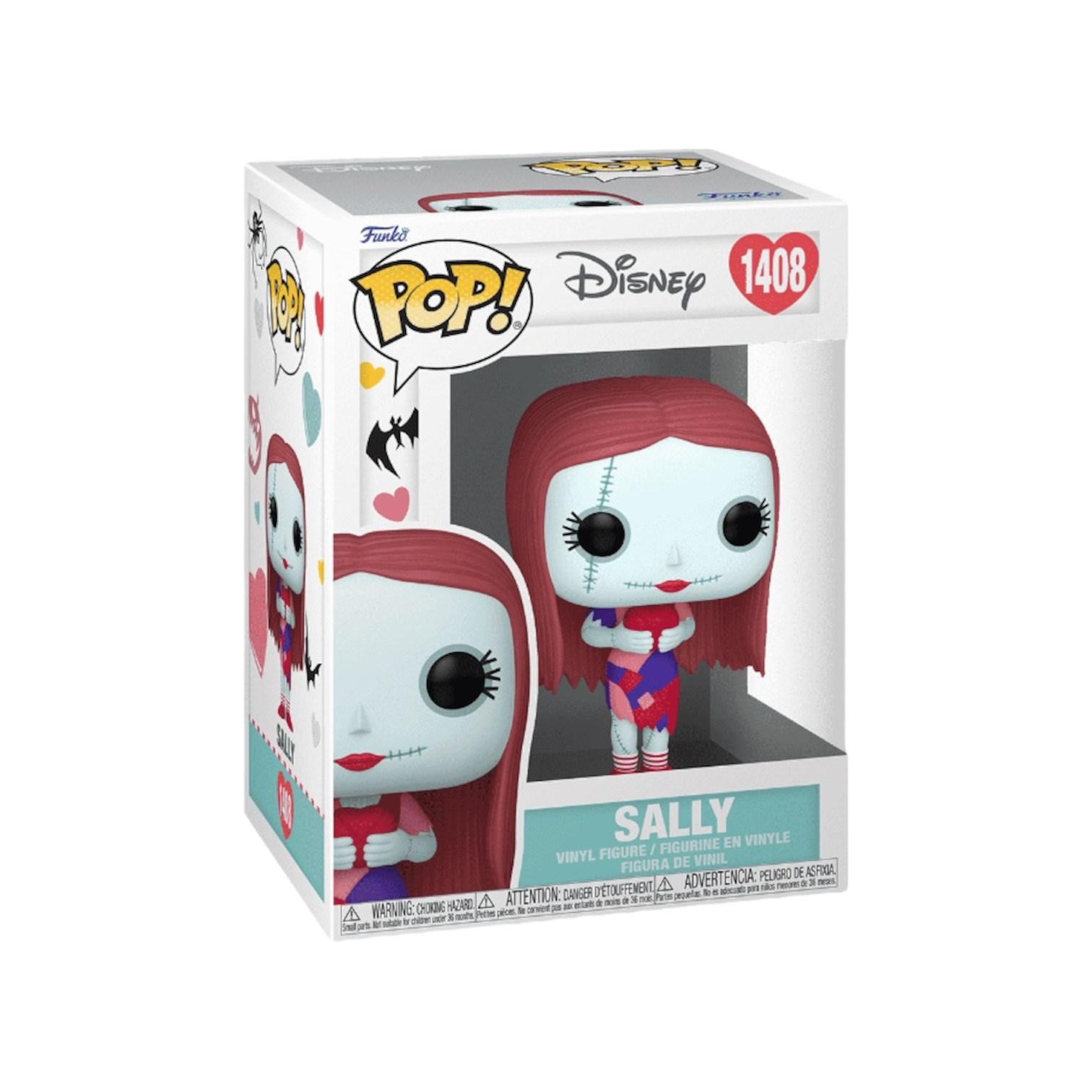 Sally #1408 Funko Pop! figure from Disney's Valentine's collection, featuring her iconic look and heart-themed design.