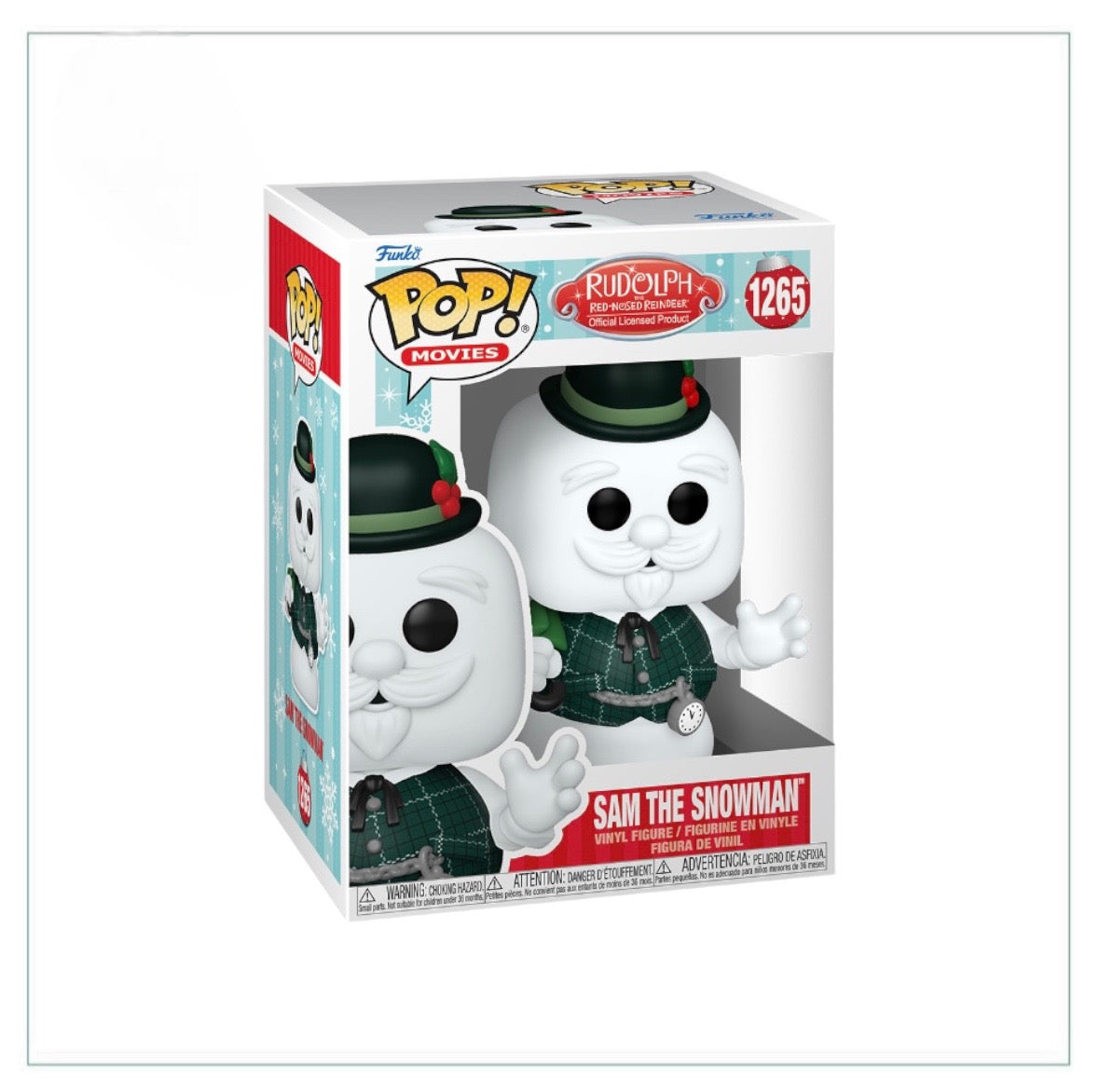 Sam the Snowman Funko Pop! figure from Rudolph the Red-Nosed Reindeer, smiling with his top hat and scarf, perfect for collectors.