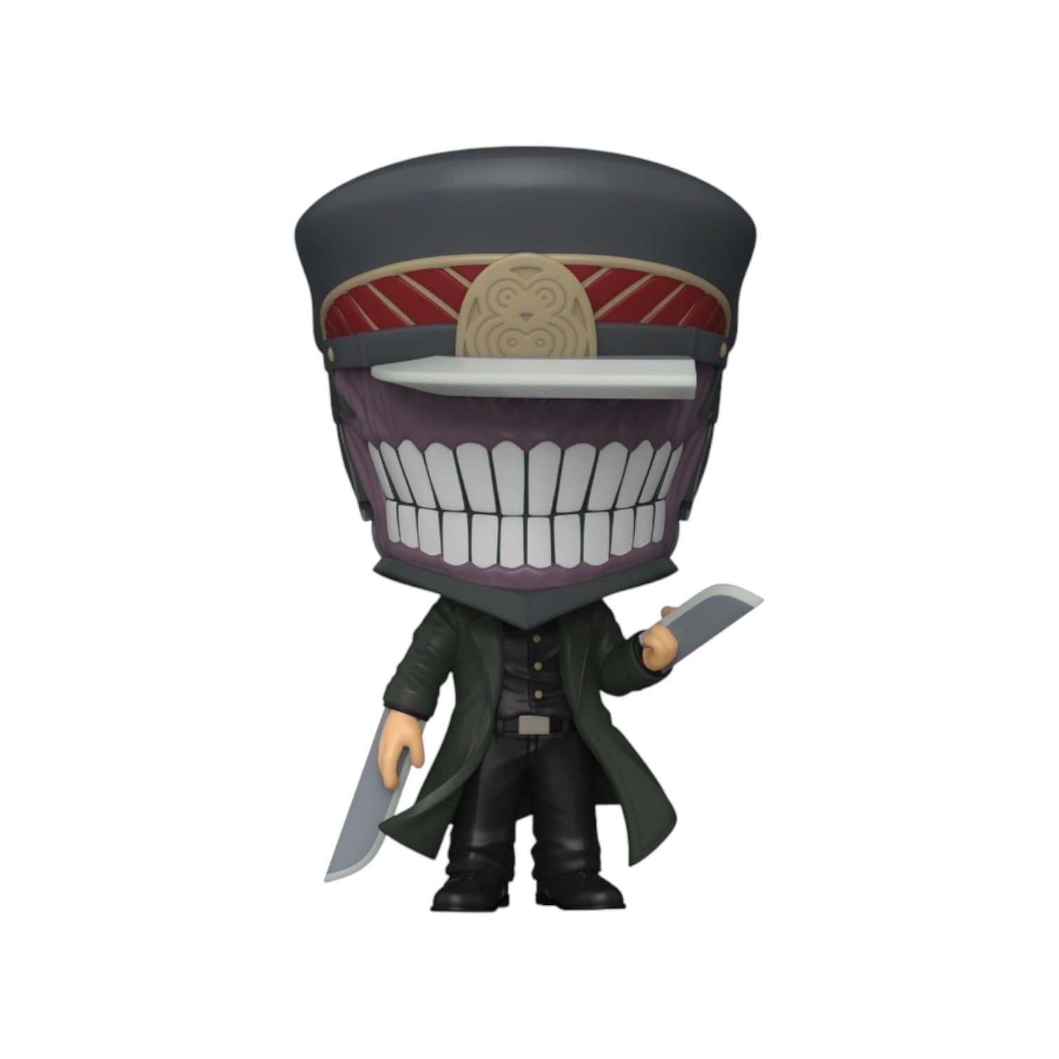 Displaying all his teeth this character is wearing a grey hat with gold and red detail and a black leather suit . no external packaging