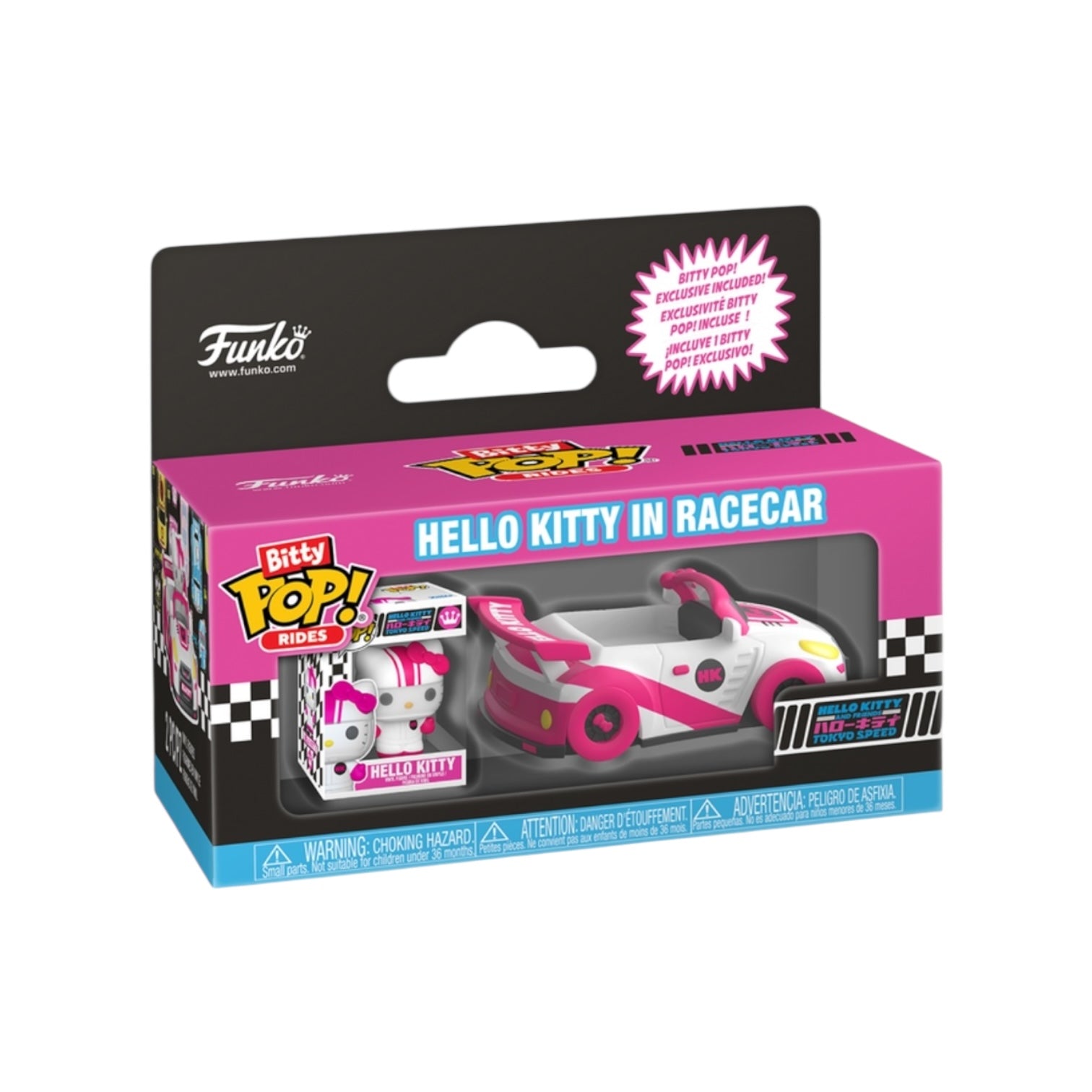 Funko Pop! packaging of Hello Kitty in a racecar on a white background