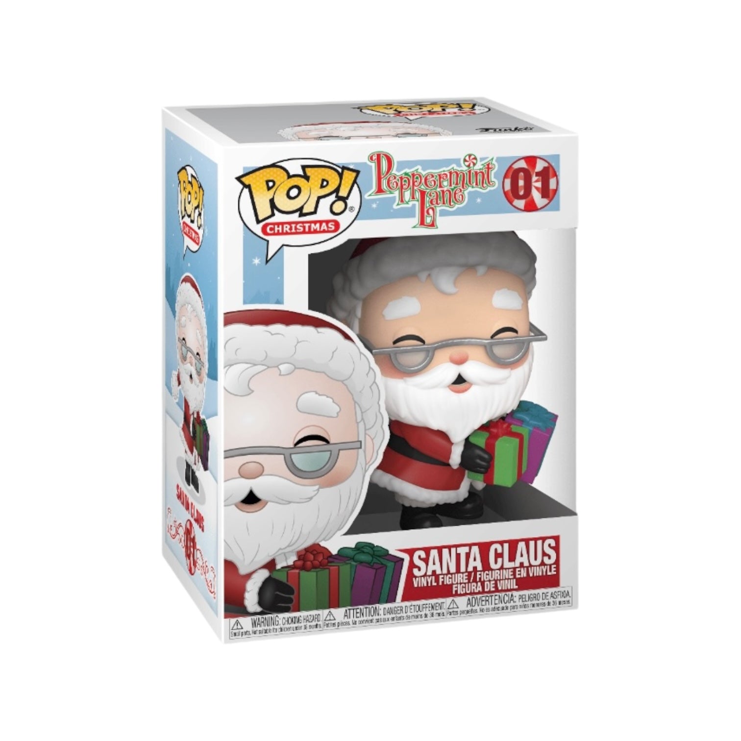 Santa Claus Funko Pop! from Peppermint Lane, featuring a jolly figure in a classic red suit with a festive peppermint design.