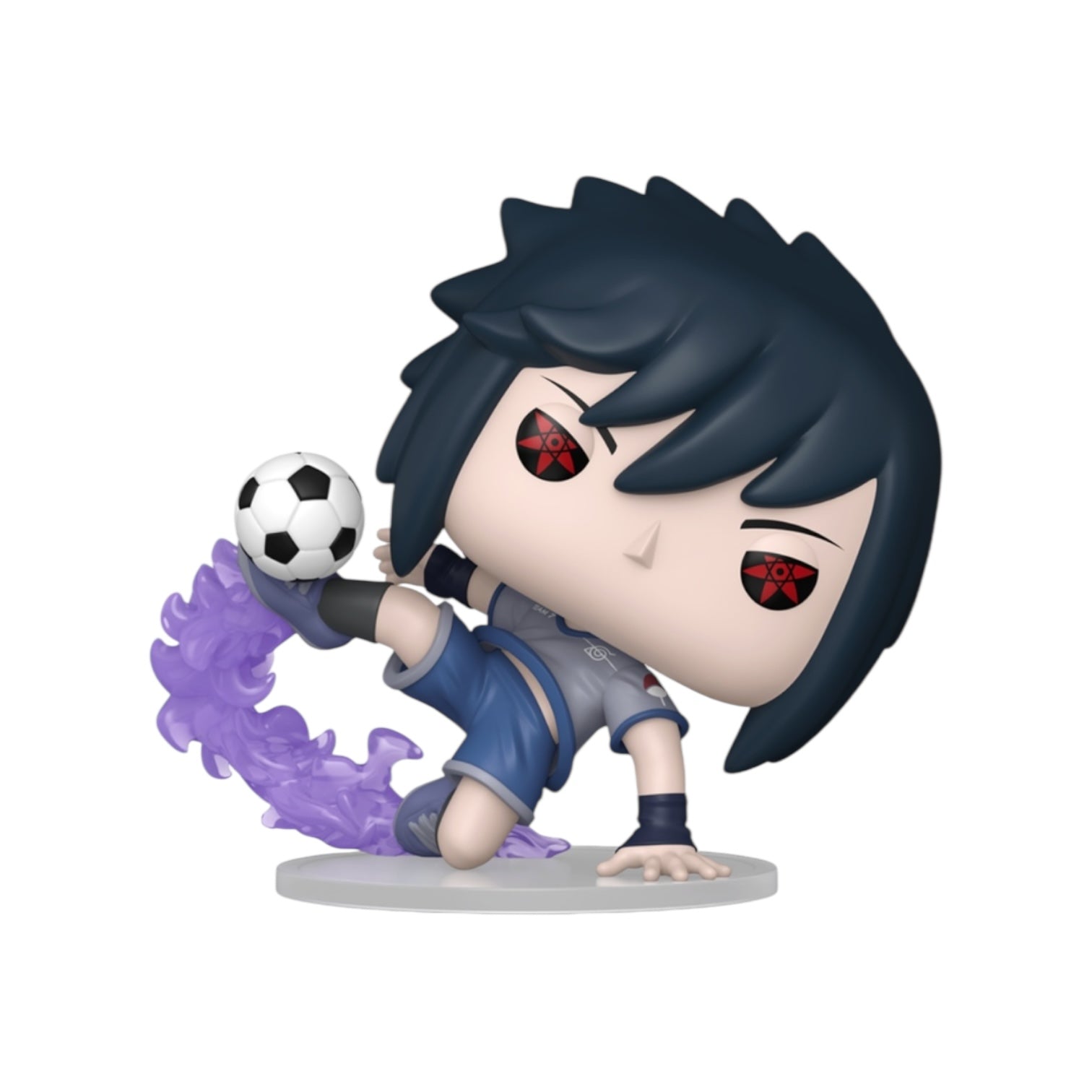 Animated character with dark hair and red eyes holding a soccer ball on a white background