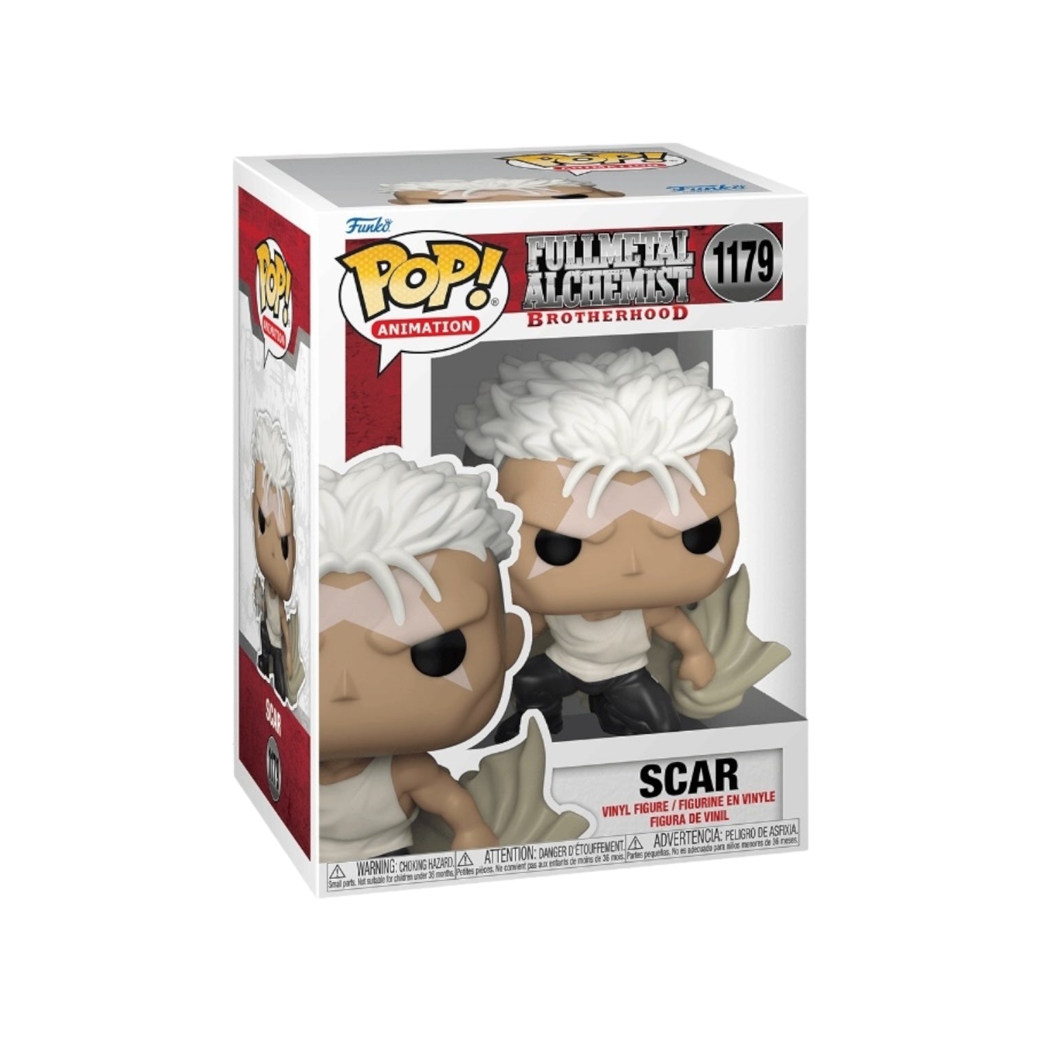 Funko Pop! figure of Scar from Full Metal Alchemist Brotherhood, featuring his signature scar and intense expression.