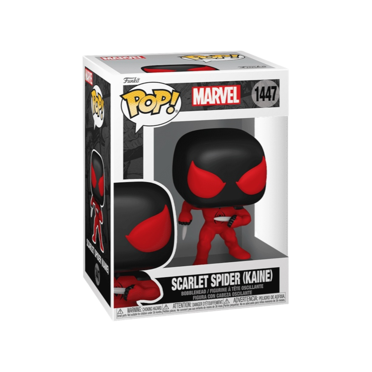 Scarlet Spider-Man (Kaine) #1447 Funko Pop, featuring a dynamic pose and bright colors, representing Marvel's character.