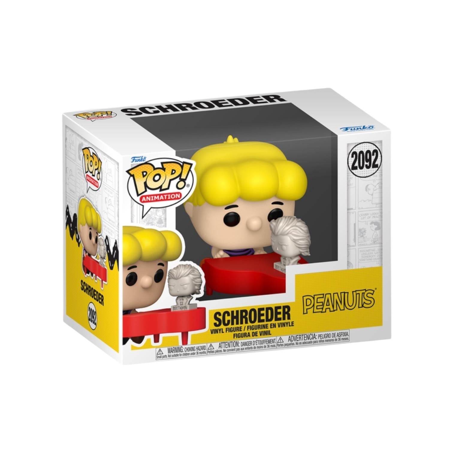 Funko Pop! Schroeder figure packaging with yellow hair and red shirt on a white background