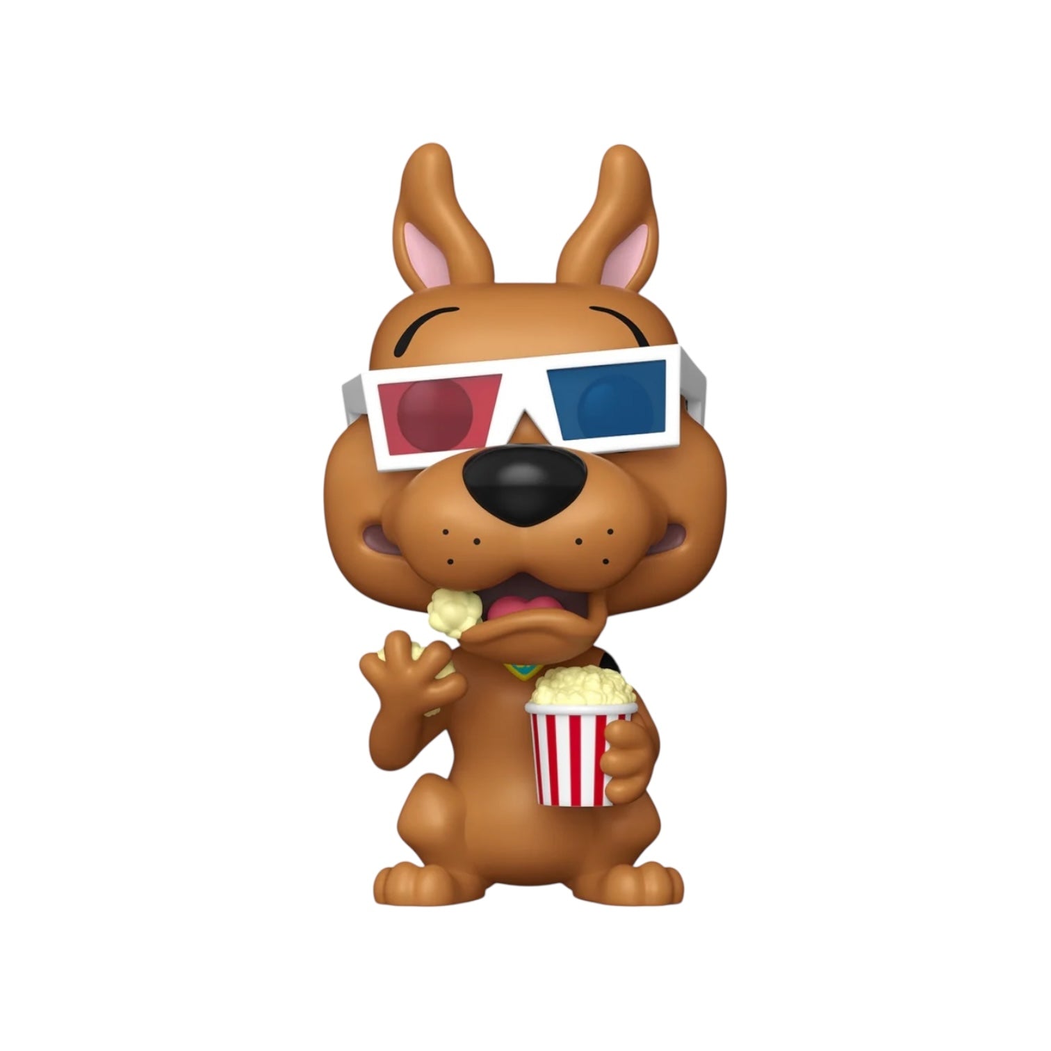 Animated character with 3D glasses and popcorn on a white background